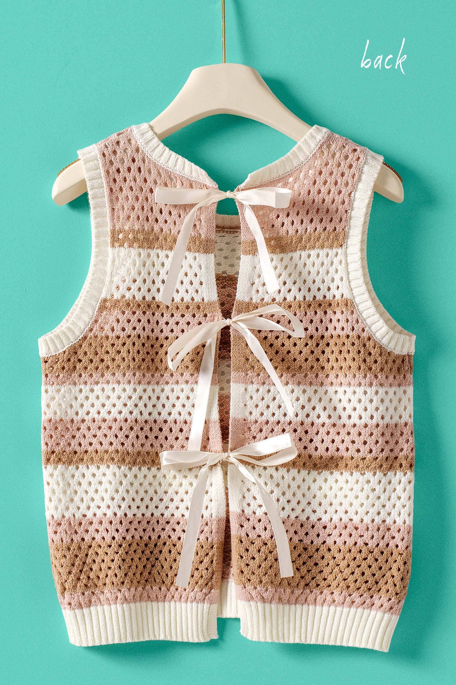 Urban Daizy Striped Crochet Knit Vest Triple Ribbon Tie Pink Sweater Vest - Women's (UDZ-KN-01045) – alternate view 6