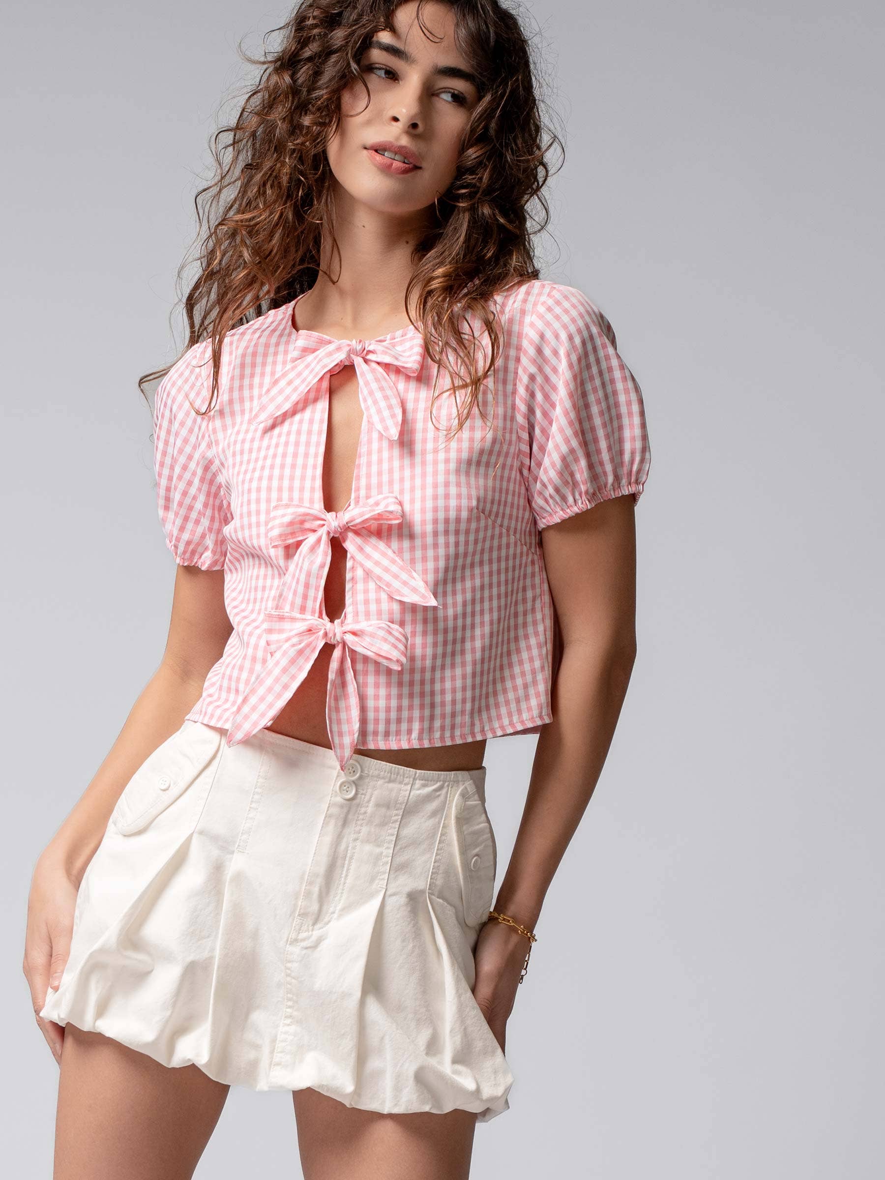 Urban Daizy Gingham Triple Bow Puff Sleeve Crop Top Pink Blouse - Women's (UDZ-TP-01033) – alternate view 8