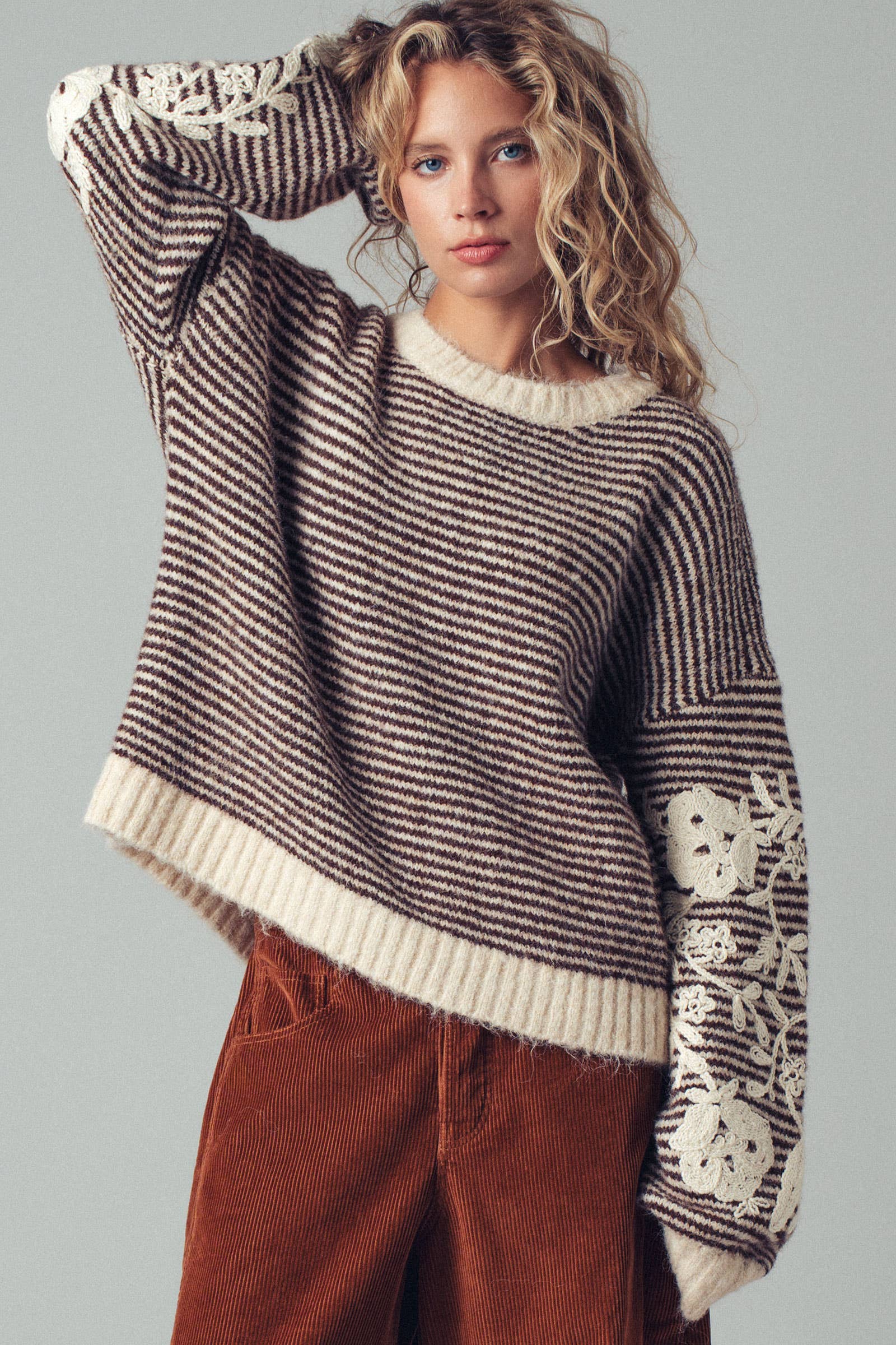 Urban Daizy Floral Embroidered Striped Knit Sweater Brown Knit Sweater - Women's (UDZ-TP-00814) – alternate view 24