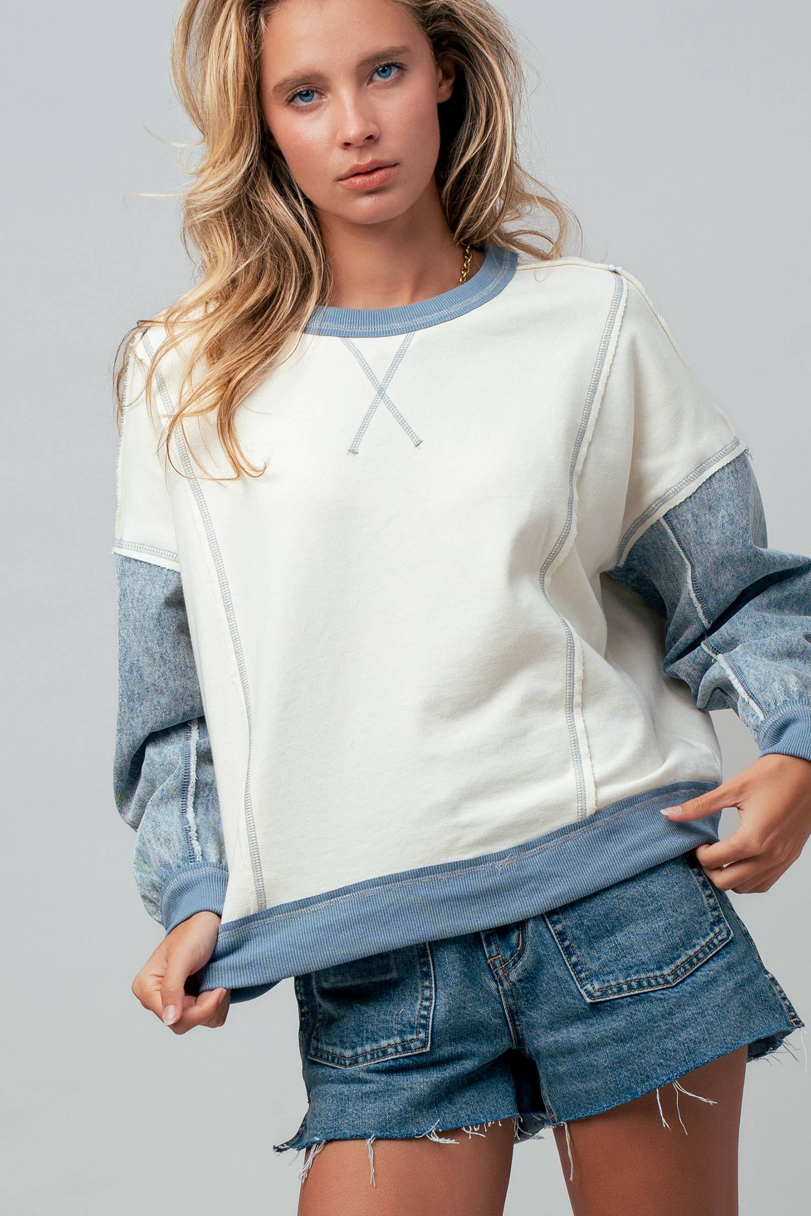 Contrast Denim Sleeve Mixed Media Pullover