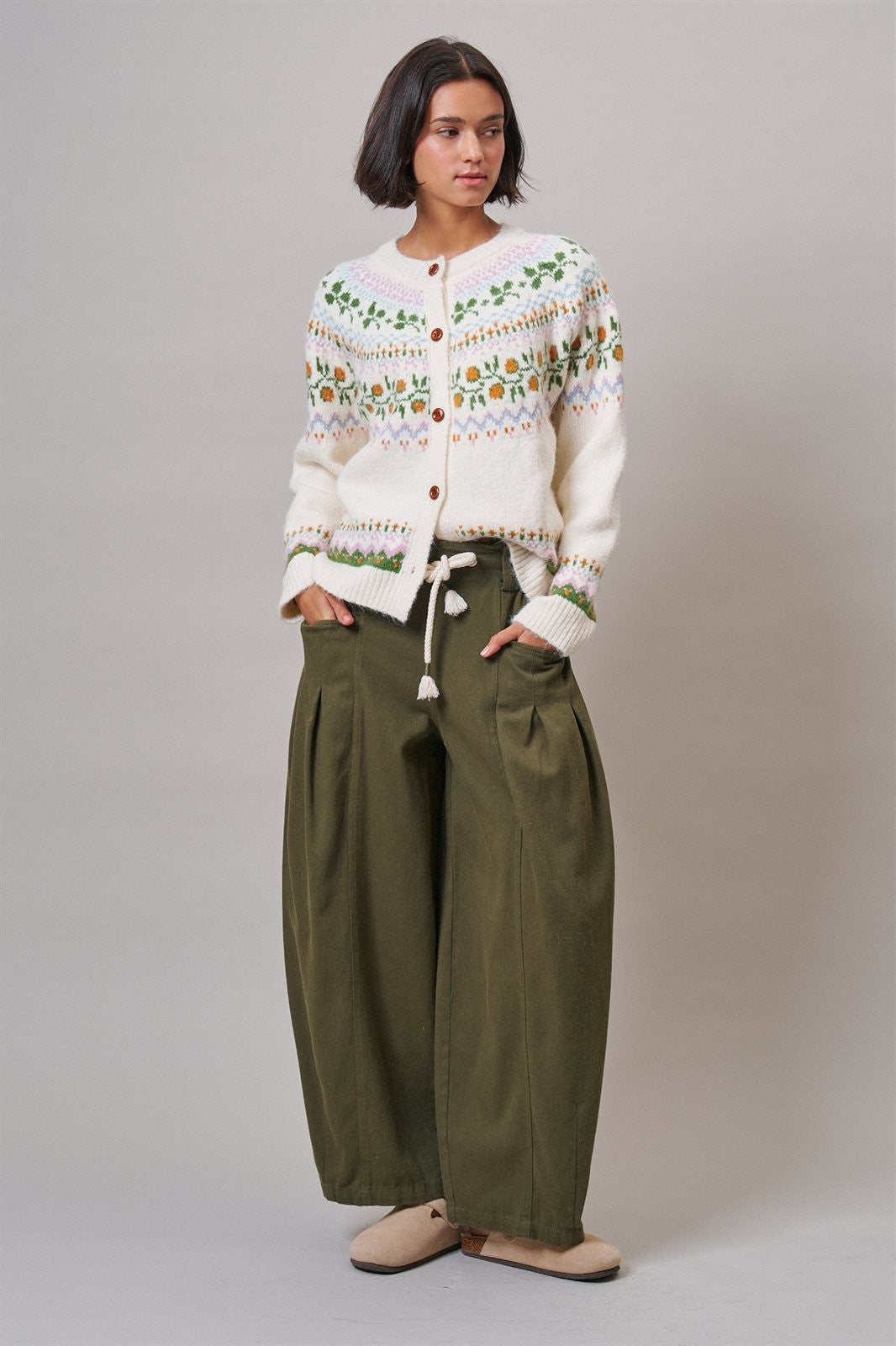 Pleated Wide-Leg Barrel Pant with Drawstring in OLIVE - Women's Casual Pants | Urban Daizy