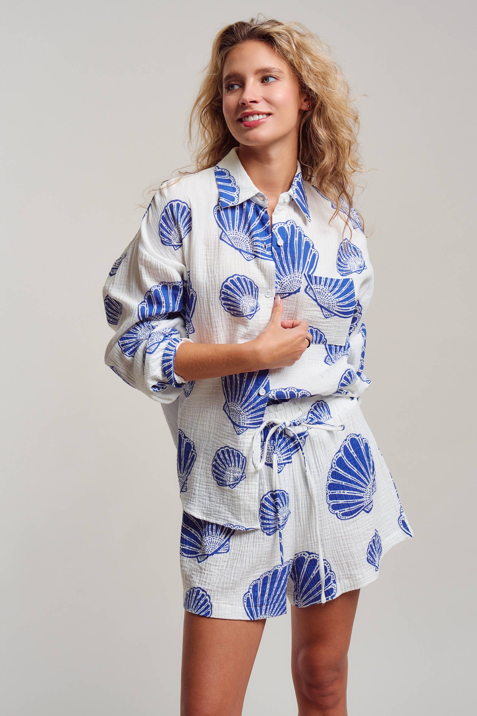 Seaside Blue Shell Cotton Gauze Shirt & Short Set