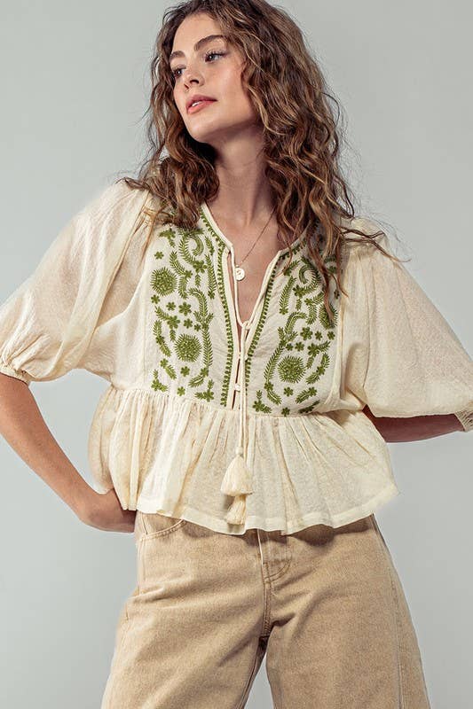 Urban Daizy Boho Embroidered Puff Sleeve Ruffle Blouse White Blouse - Women's (UDZ-TP-00705) – alternate view 2