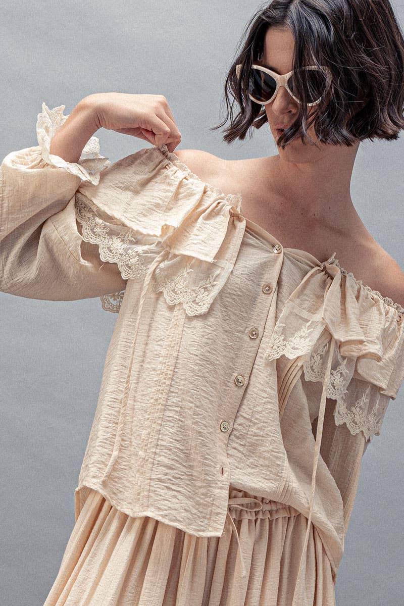 Lace Trim Ruffle Tie Neck Spring Blouse Top