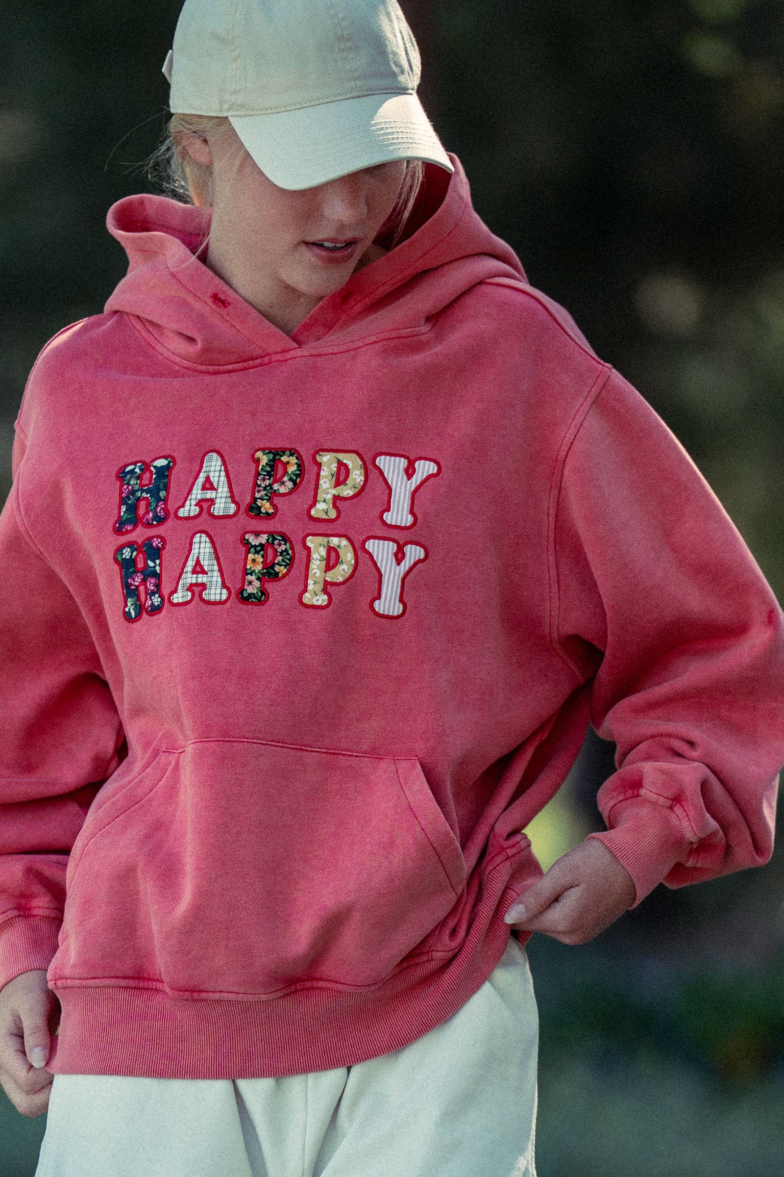 Urban Daizy "HAPPY HAPPY" Vintage Washed Hoodie Red Hoodie - Women's (UDZ-KN-00891) – alternate view 14