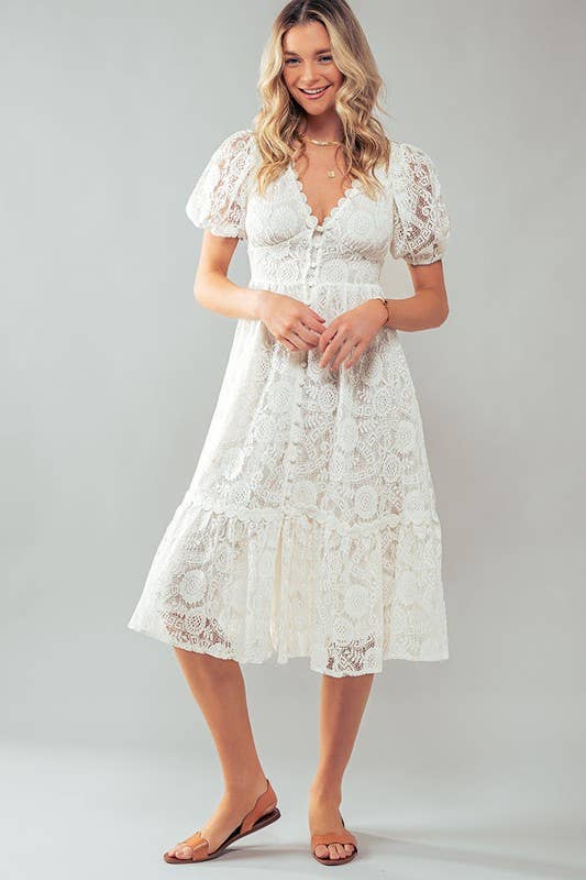 Scalloped Lace Button Front Midi Dress