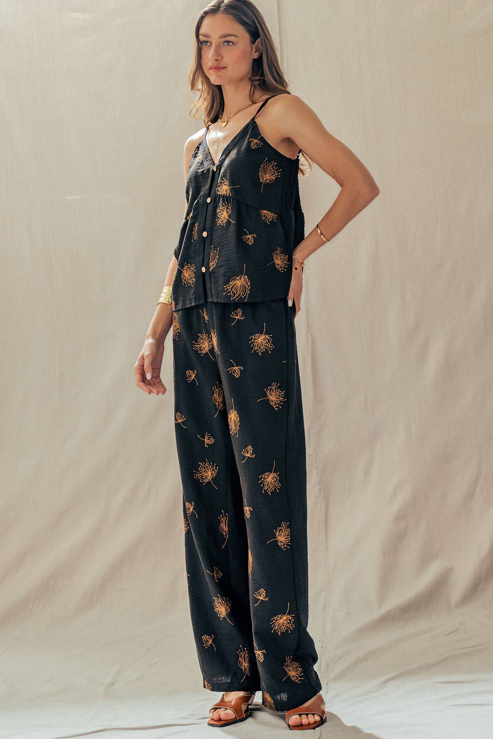 Floral Button-Front Linen Blend Cami Top