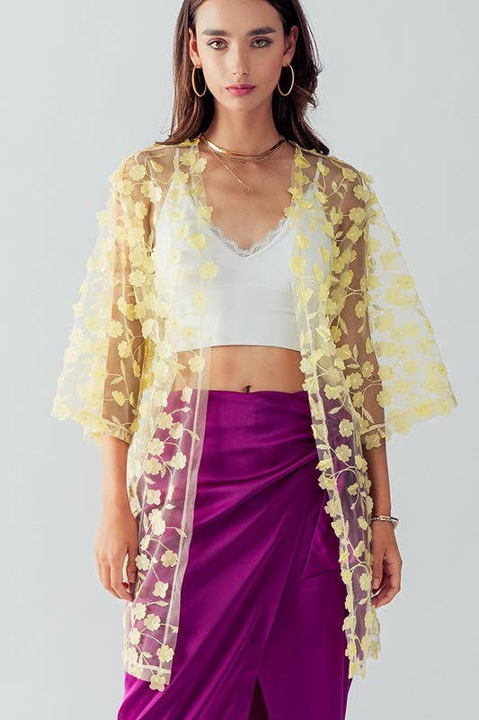 Urban Daizy Romantic Sheer Floral Embroidered Duster Length Kimono Yellow Kimono - Women's (UDZ-KN-00020)