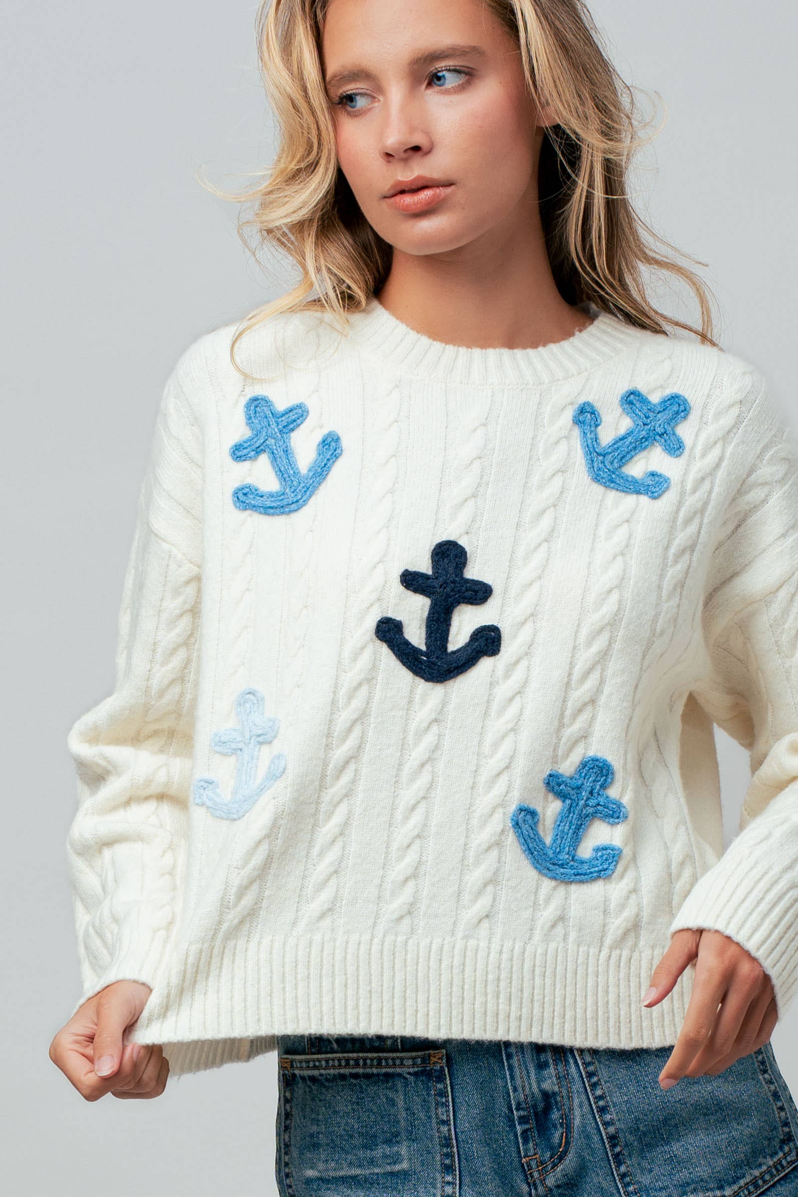 Nautical Anchor Applique Cable Knit Sweater