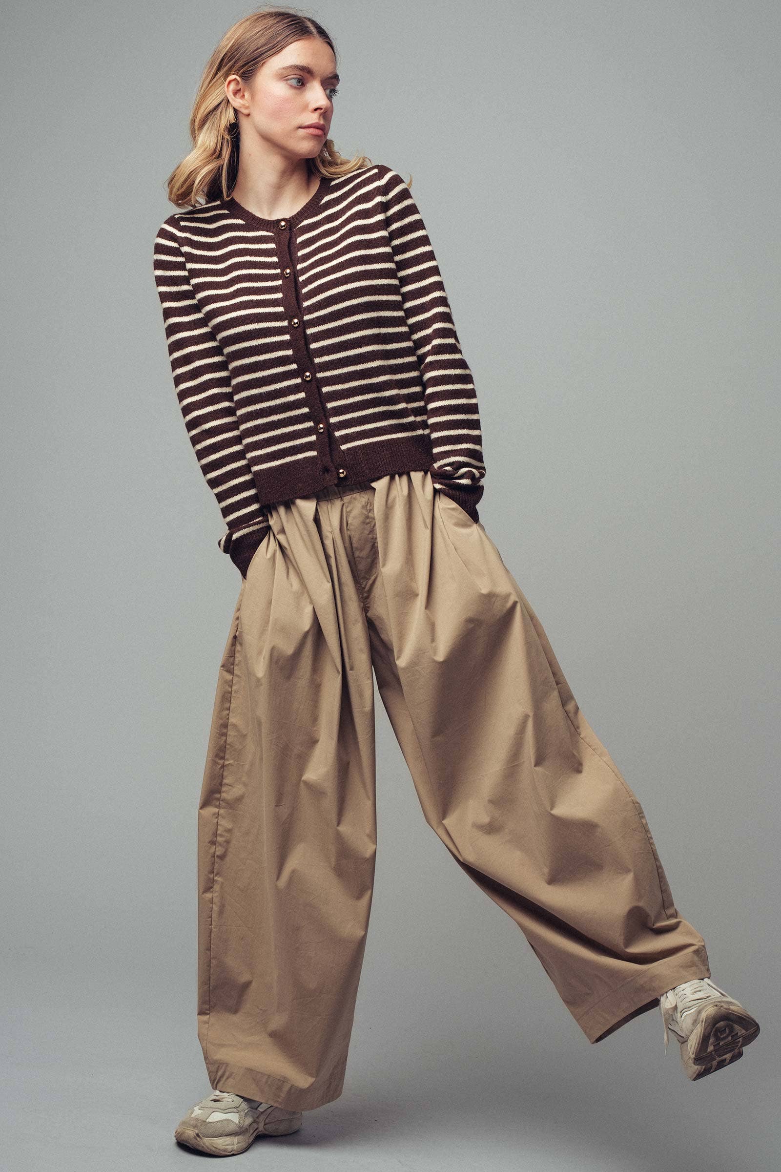 Urban Daizy Parisian Striped Gold Button Cardigan Khaki Cardigan - Women's (UDZ-KN-00656) – alternate view 15