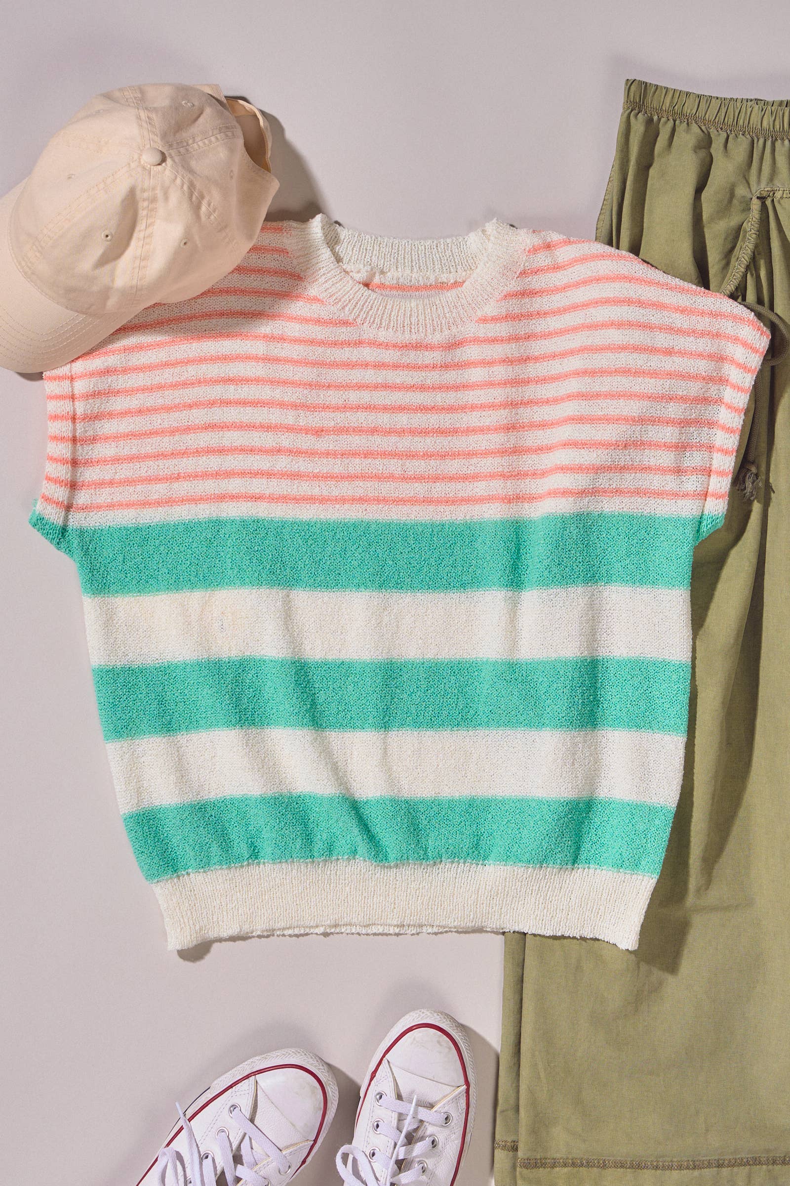 Urban Daizy Retro Striped Textured Knit Sweater Tee Mint Knit Sweater - Women's (TNTP4000-Mint)