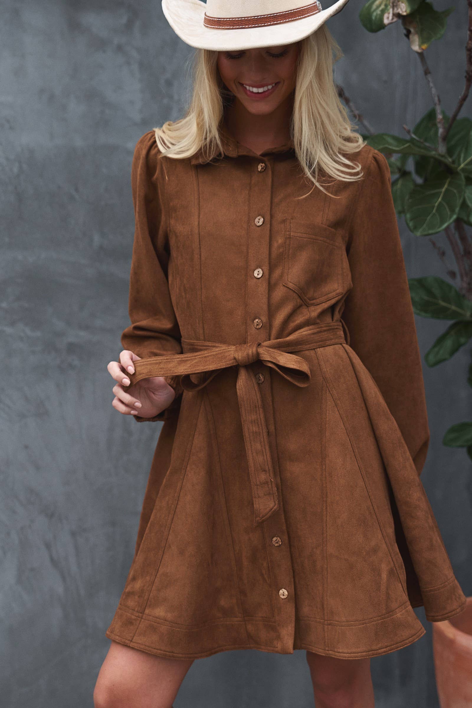 Western Suede Shirt Mini Dress–Belted Waist, Puff Sleeves