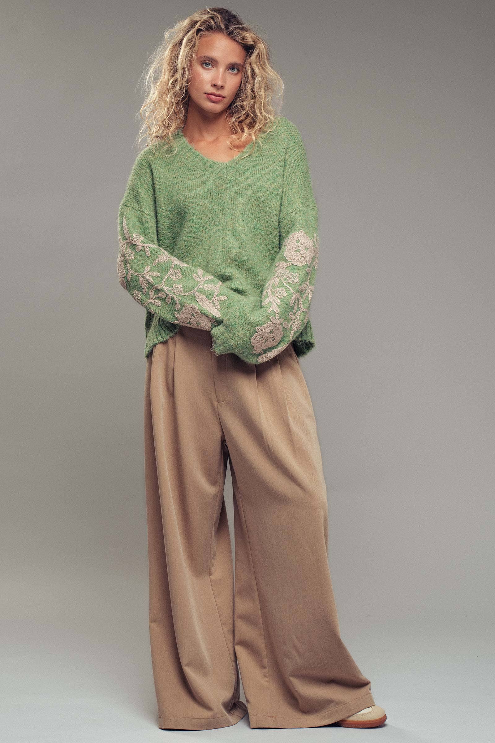 Romantic Floral Embroidered V-Neck Sweater