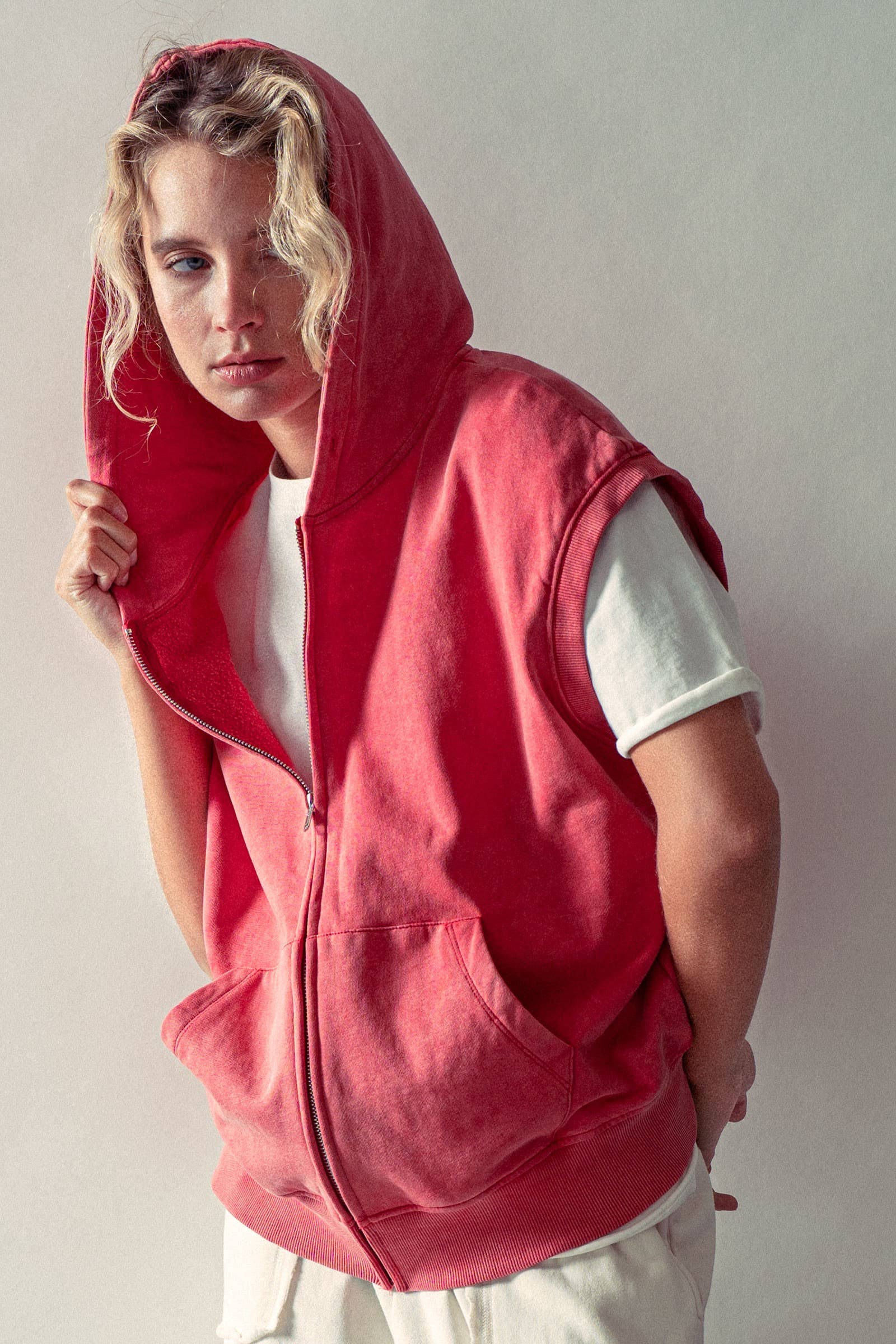Vintage-Wash Sleeveless Terry Hoodie