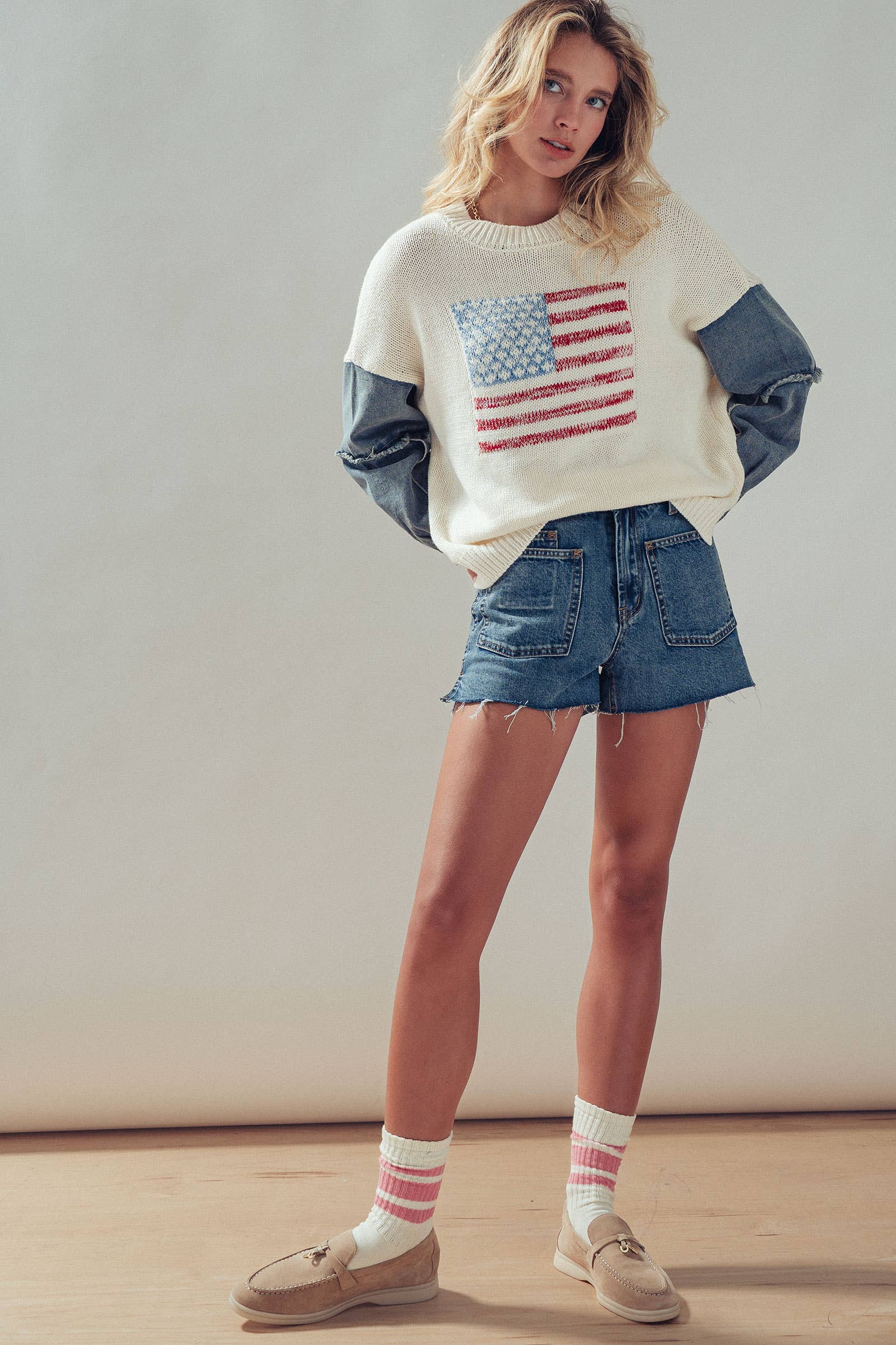 American Flag Mixed Media Denim Sleeve Sweater