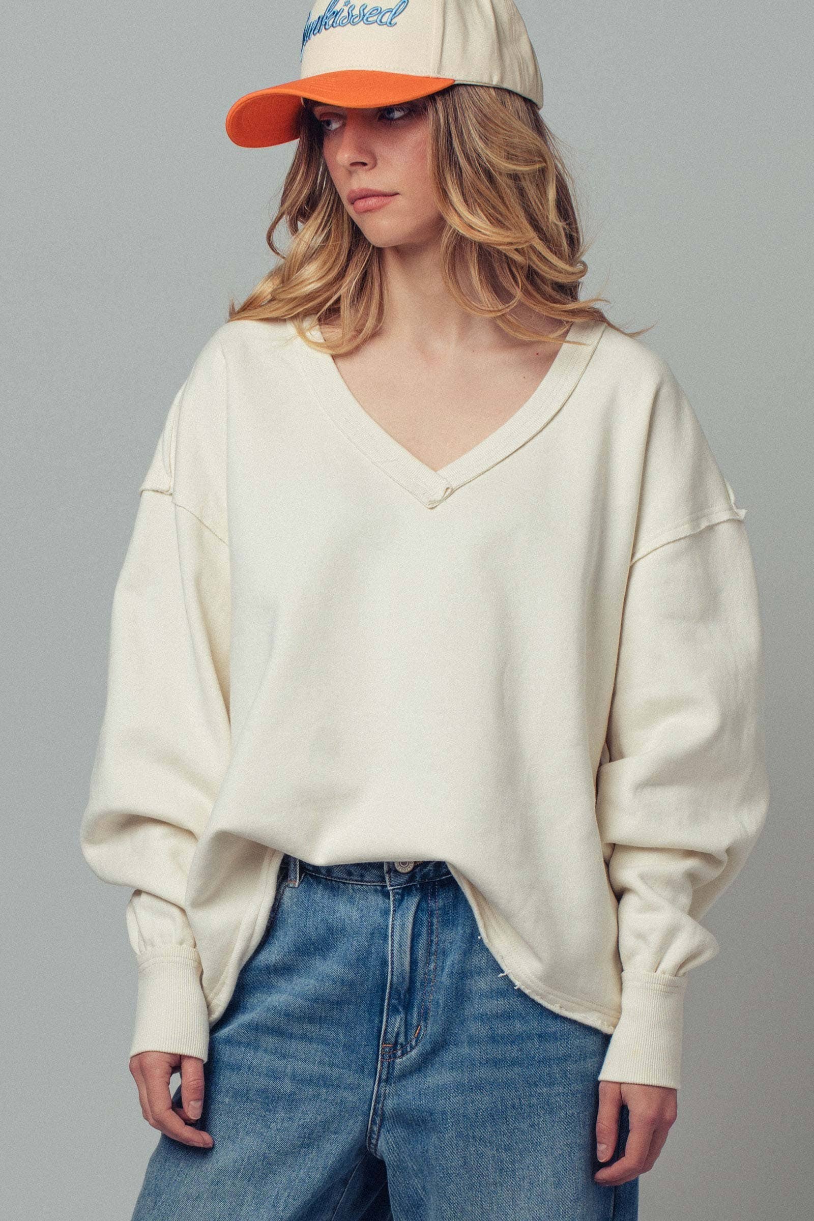 Raw Edge V-Neck Oversized Sweatshirt