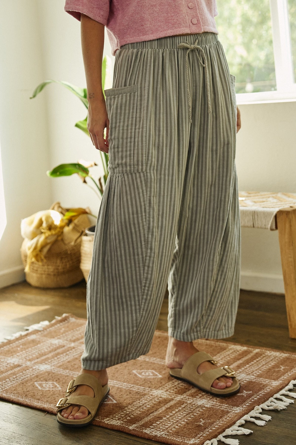 Striped Wide Leg Cotton Pants with Pockets in GREY - Women's Casual Pants | Urban Daizy