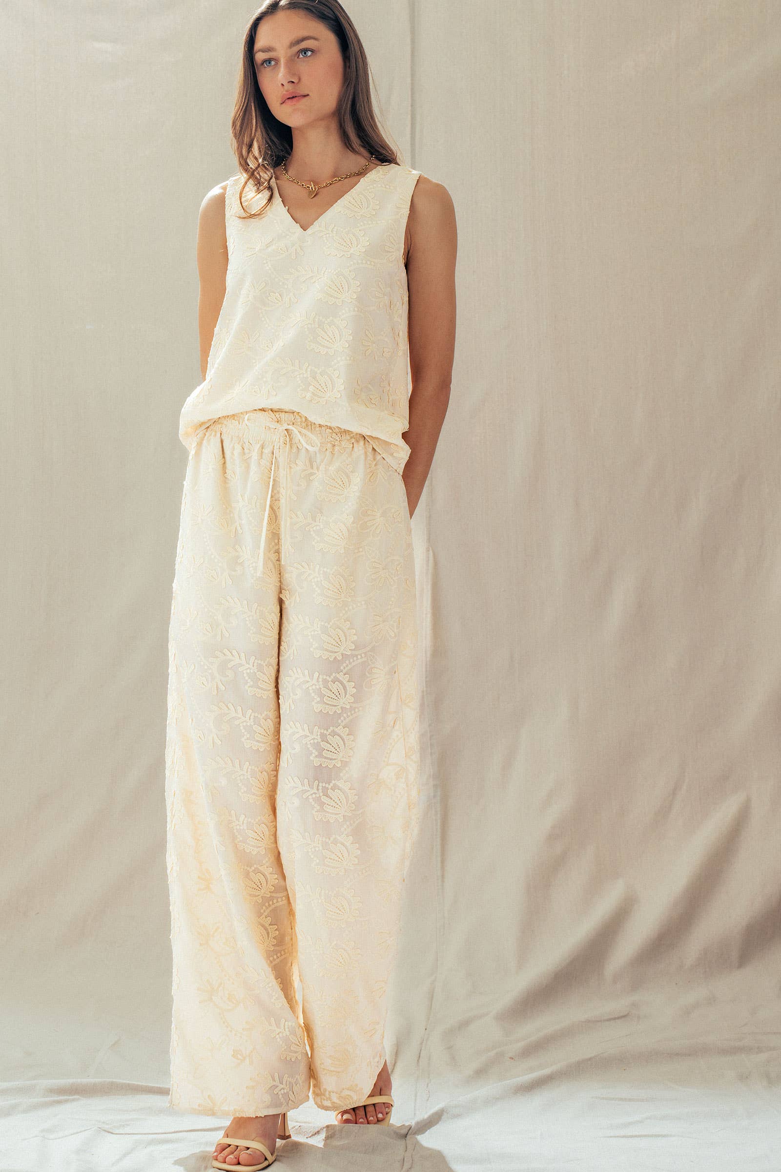 Floral Embroidered Cotton Top And Pant Set