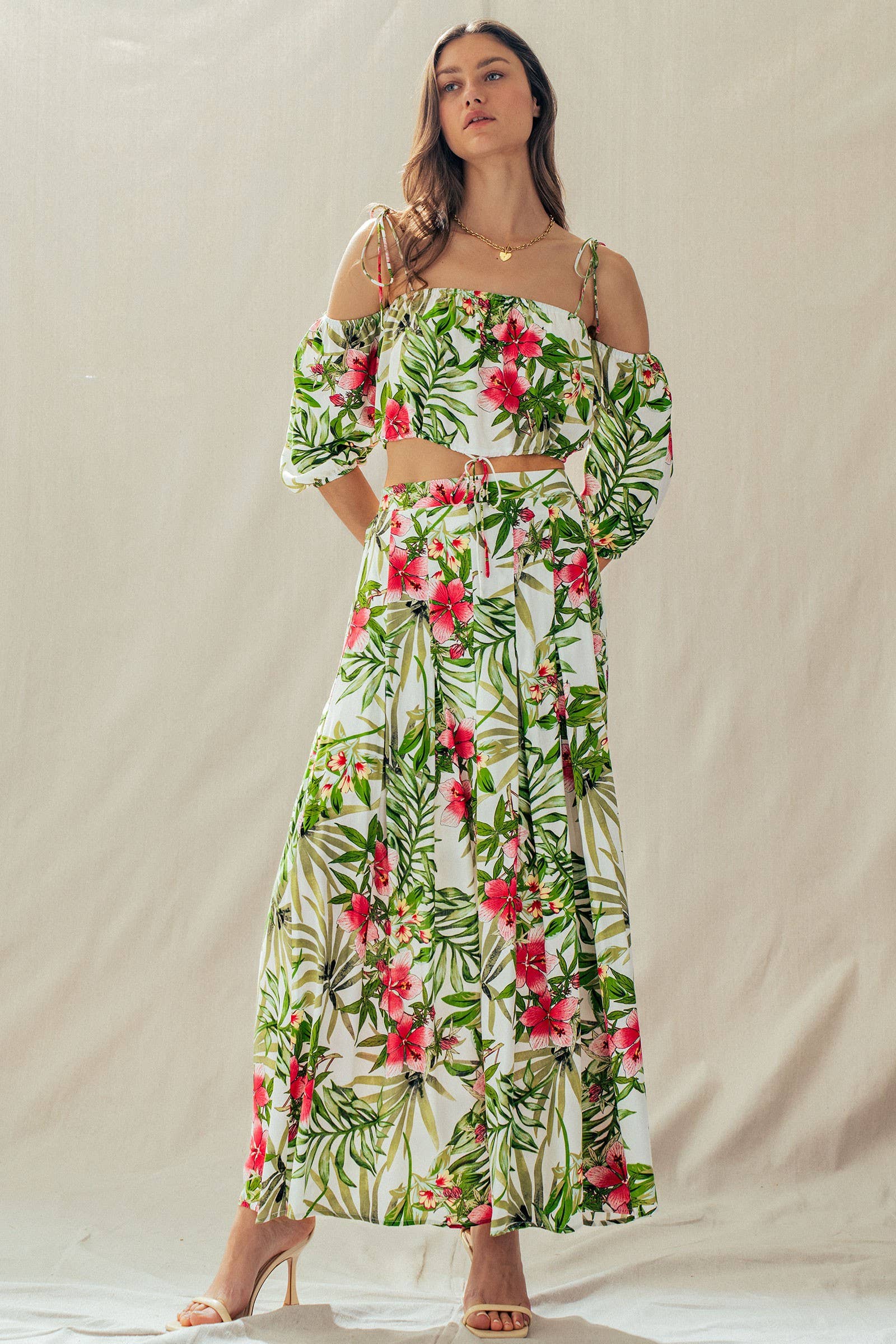 Urban Daizy Off Shoulder Crop Top with Floral Maxi Skirt White Top & Skirt Set - Women's (UDZ-AC-00238) – alternate view 7