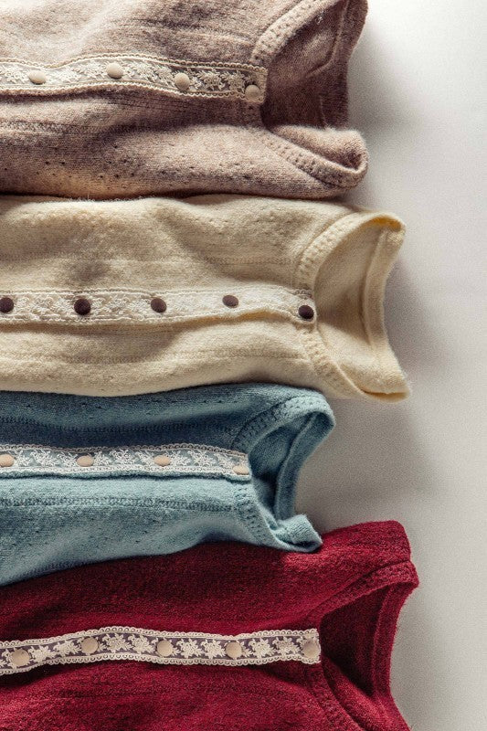 Elegant Wool Blend Cardigan with Lace Trim Detail in BURGUNDY - Women's Cardigans & Shrugs | Urban Daizy