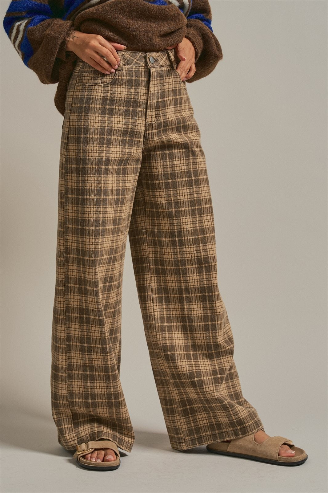 Checker Plaid Wide Leg Pants Y2K Vintage Western for Women in BROWN - Women's Casual Pants | Urban Daizy