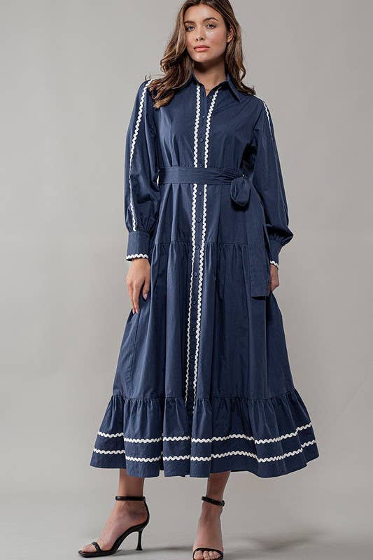 Urban Daizy Scalloped Tiered Cotton Button Down Belted Midi Dress Navy Dress - Women's (UDZ-DR-00311) – alternate view 7