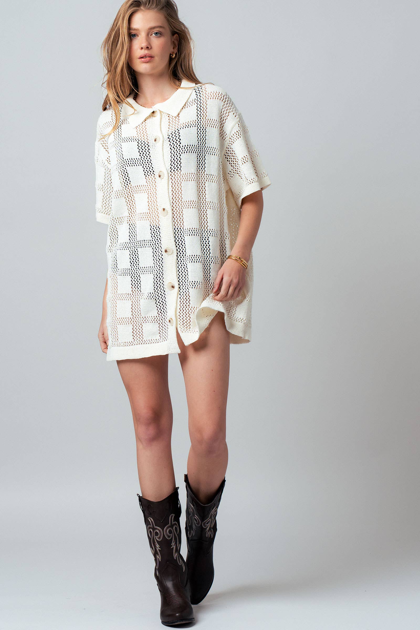 Open-Knit Collared Button-Front Tunic