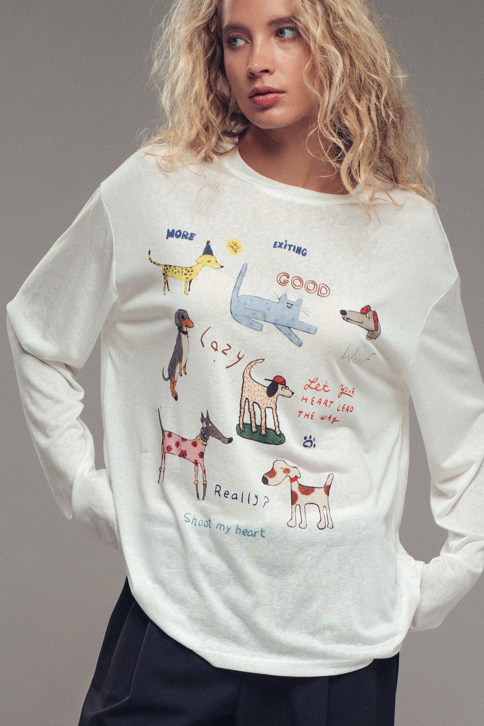 Whimsical Dog Graphic Long Sleeve Top