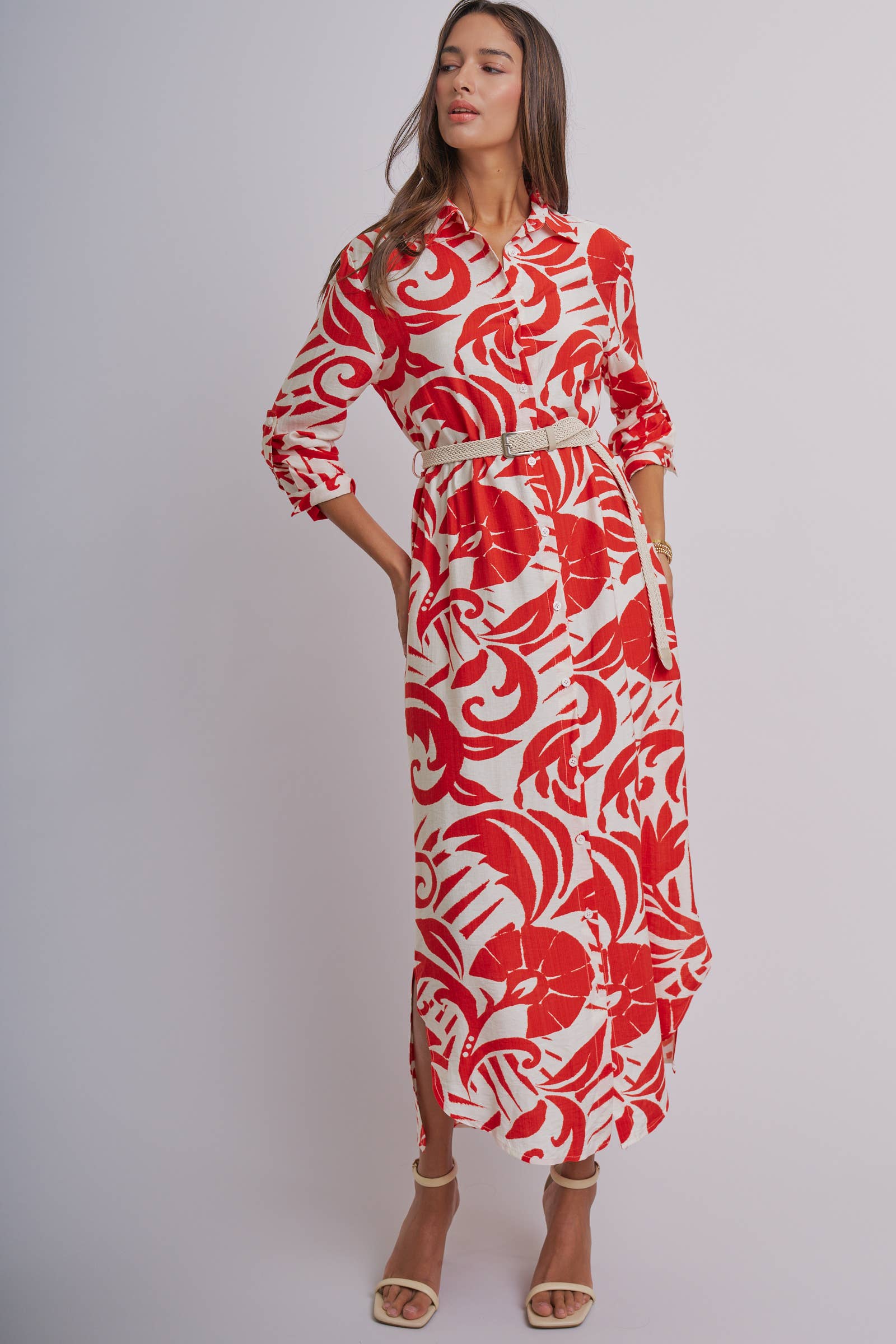 Abstract Floral Belted Button Down Shirt Dress