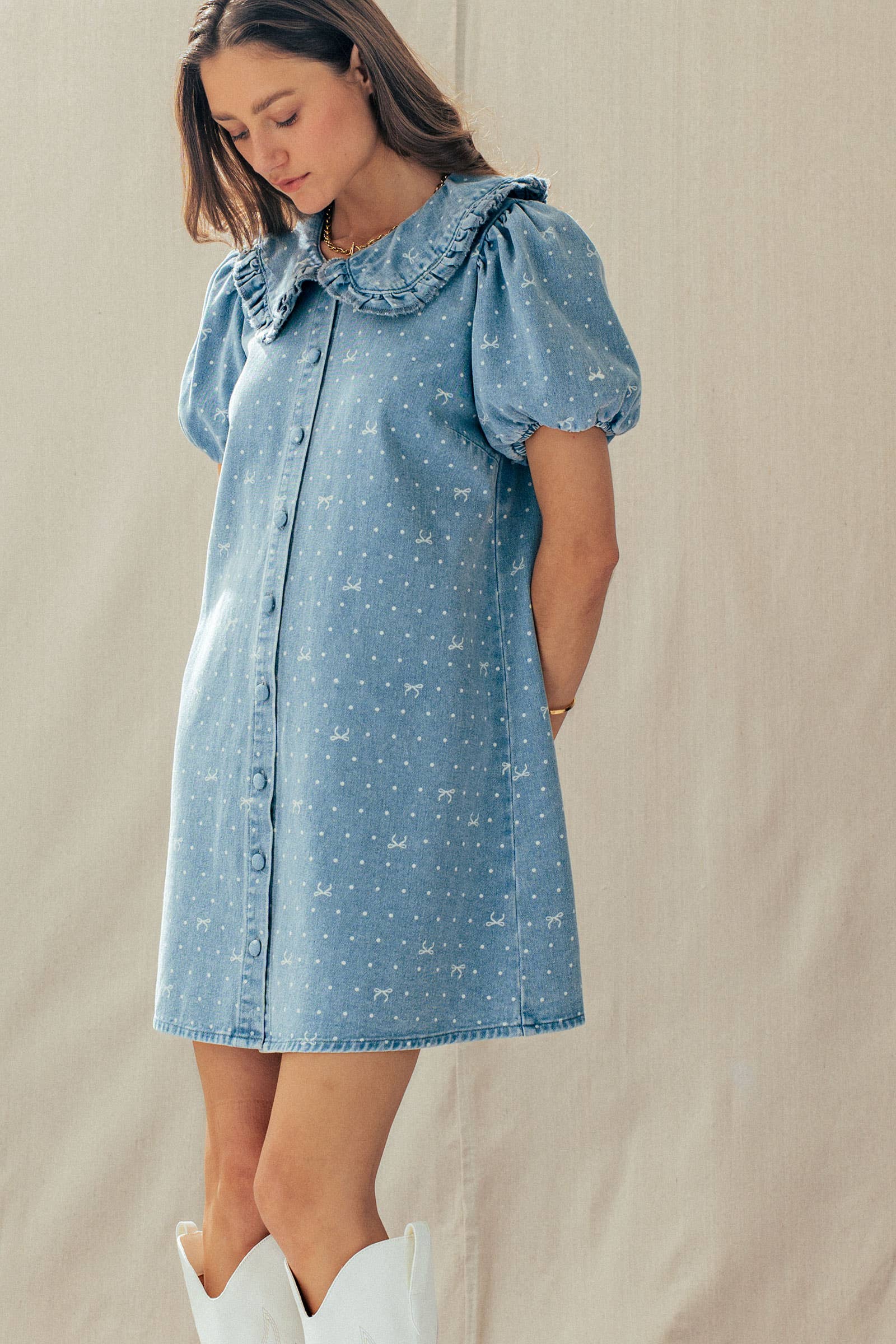 Bow Print Denim Mini Dress Ruffle Collar