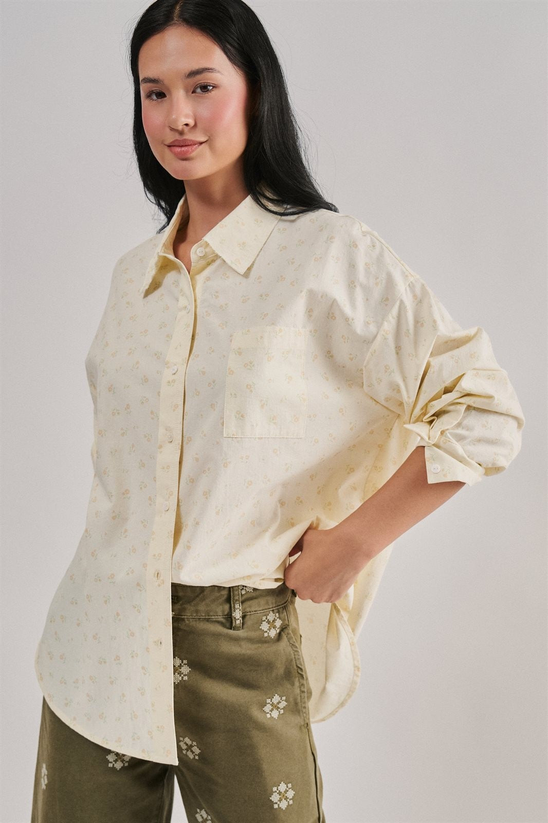 Soft Meadow Button-Down Shirt in CREAM - Women's Shirts & Blouses | Urban Daizy