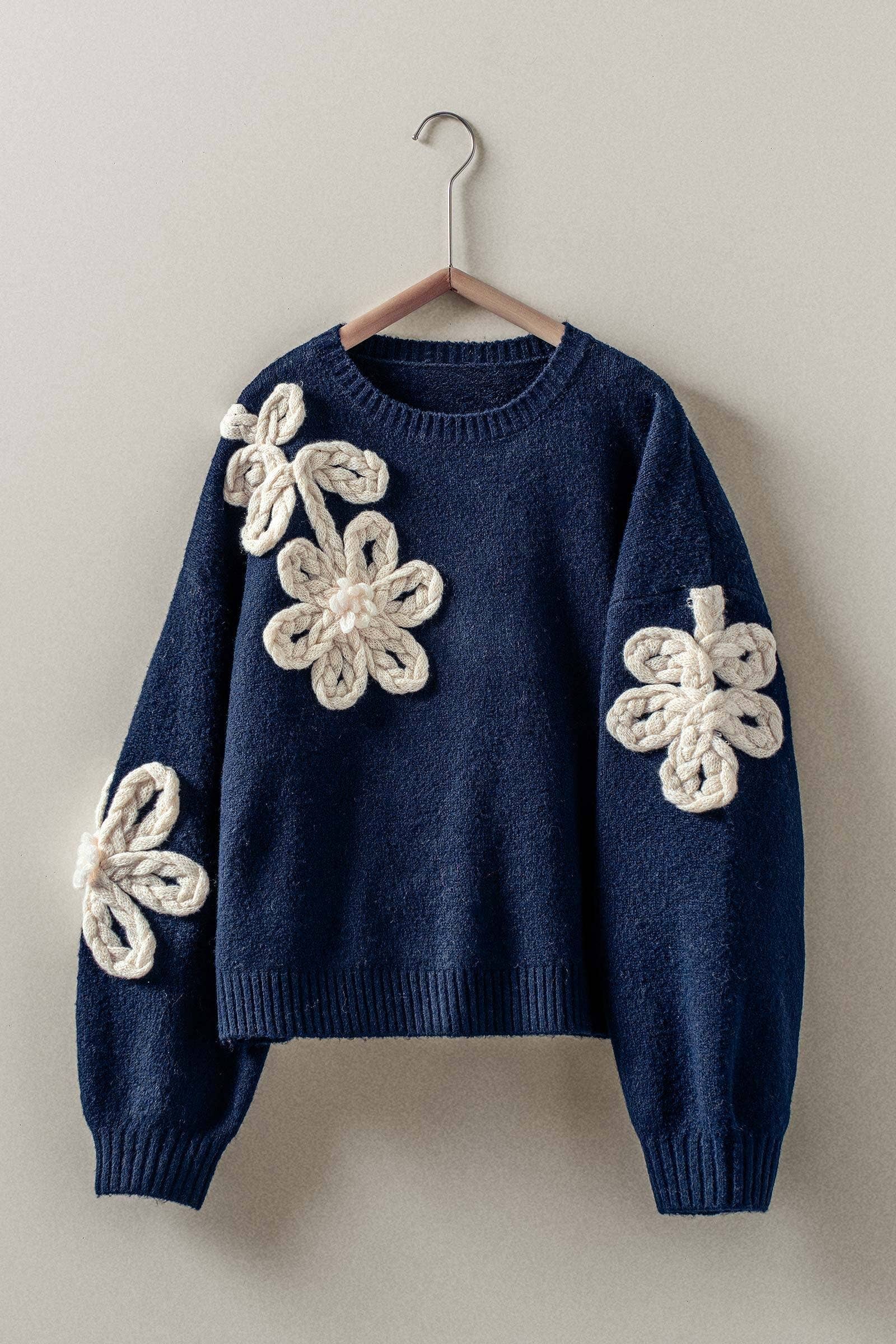 Urban Daizy Chunky Floral Appliqué Knit Sweater Navy Knit Sweater - Women's (UDZ-TP-00816)