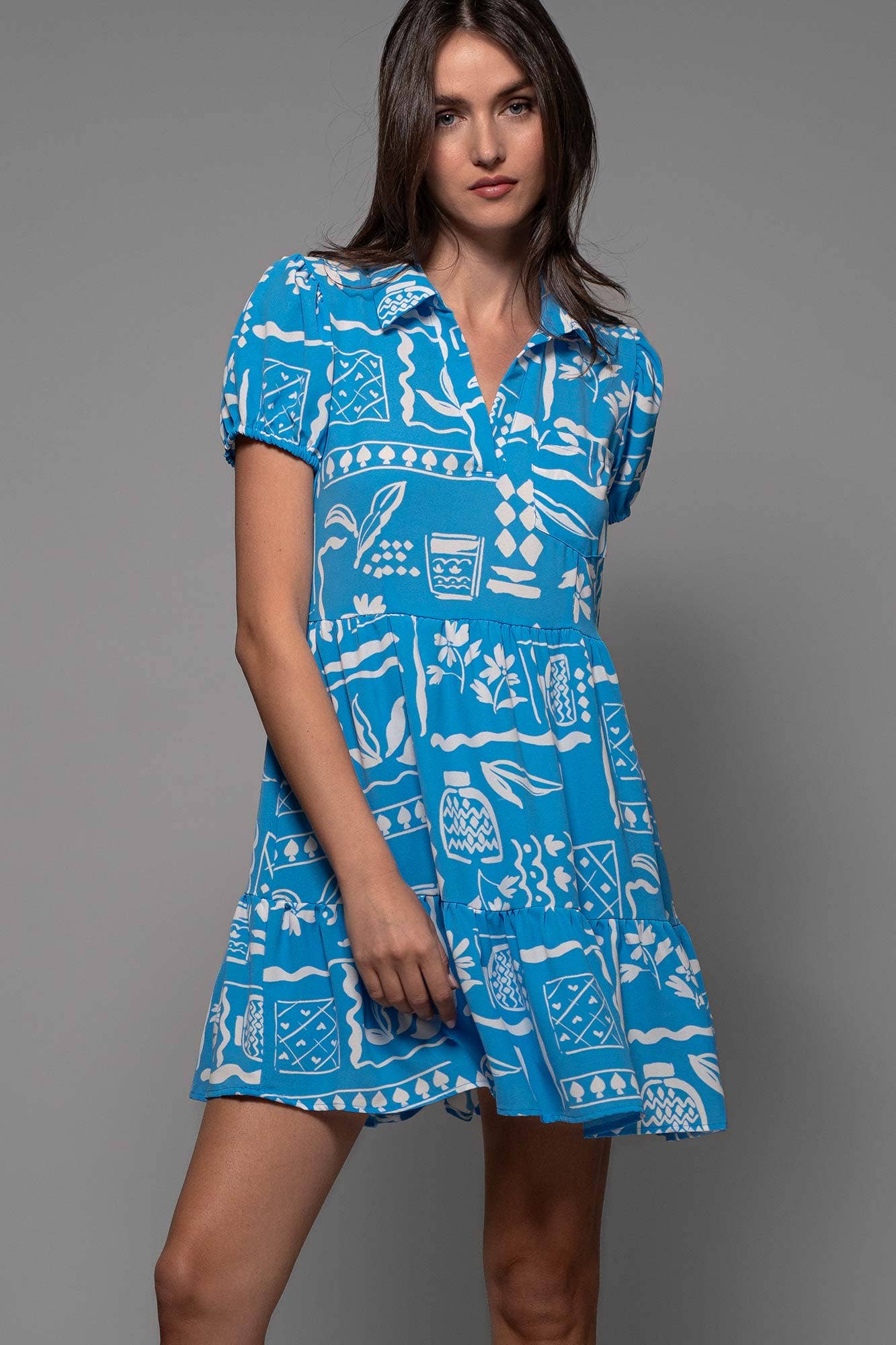 Urban Daizy Tropical Print Collared Tiered Mini Dress Apricot Dress - Women's (UDZ-AC-00159) – alternate view 5