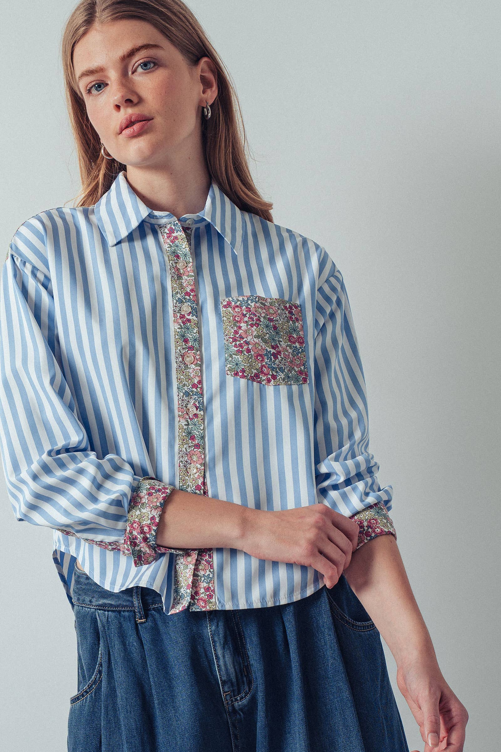 Floral Contrast Mixed Print Striped Shirt