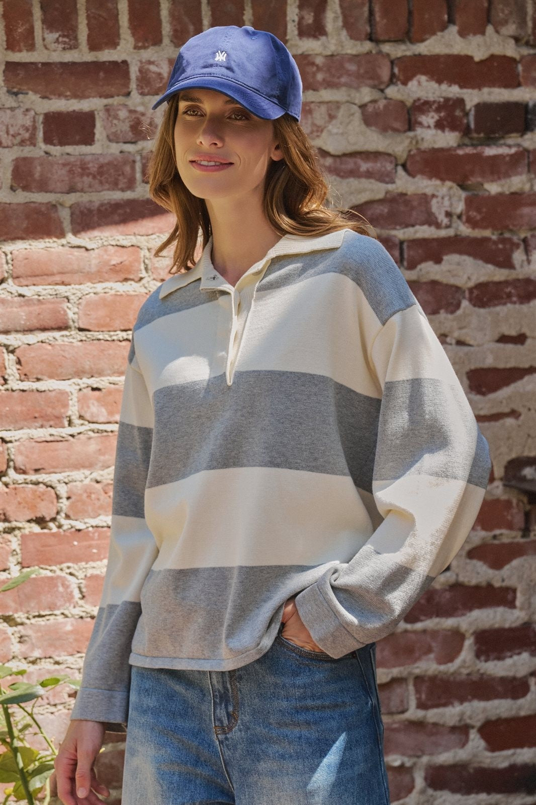 Striped Knit Rugby Polo Sweater in IVORY GREY - Women's Sweaters | Urban Daizy
