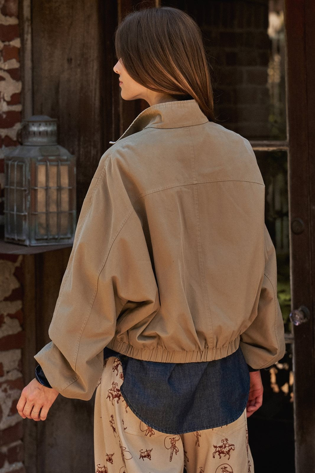 Cropped Zip Bomber Jacket in KHAKI - Women's Jackets & Blazers | Urban Daizy