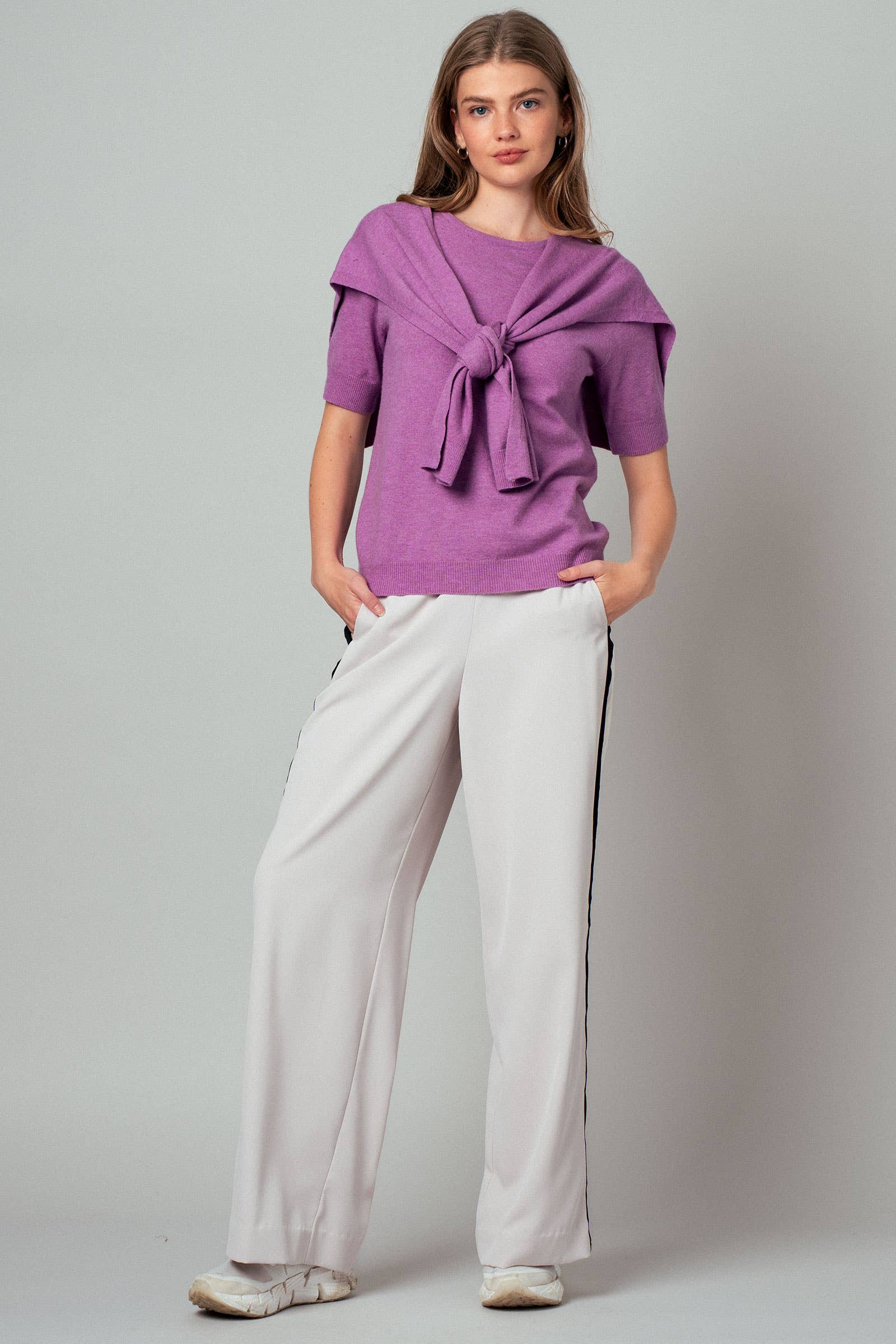 Faux Layered Tie-Front Knit Top