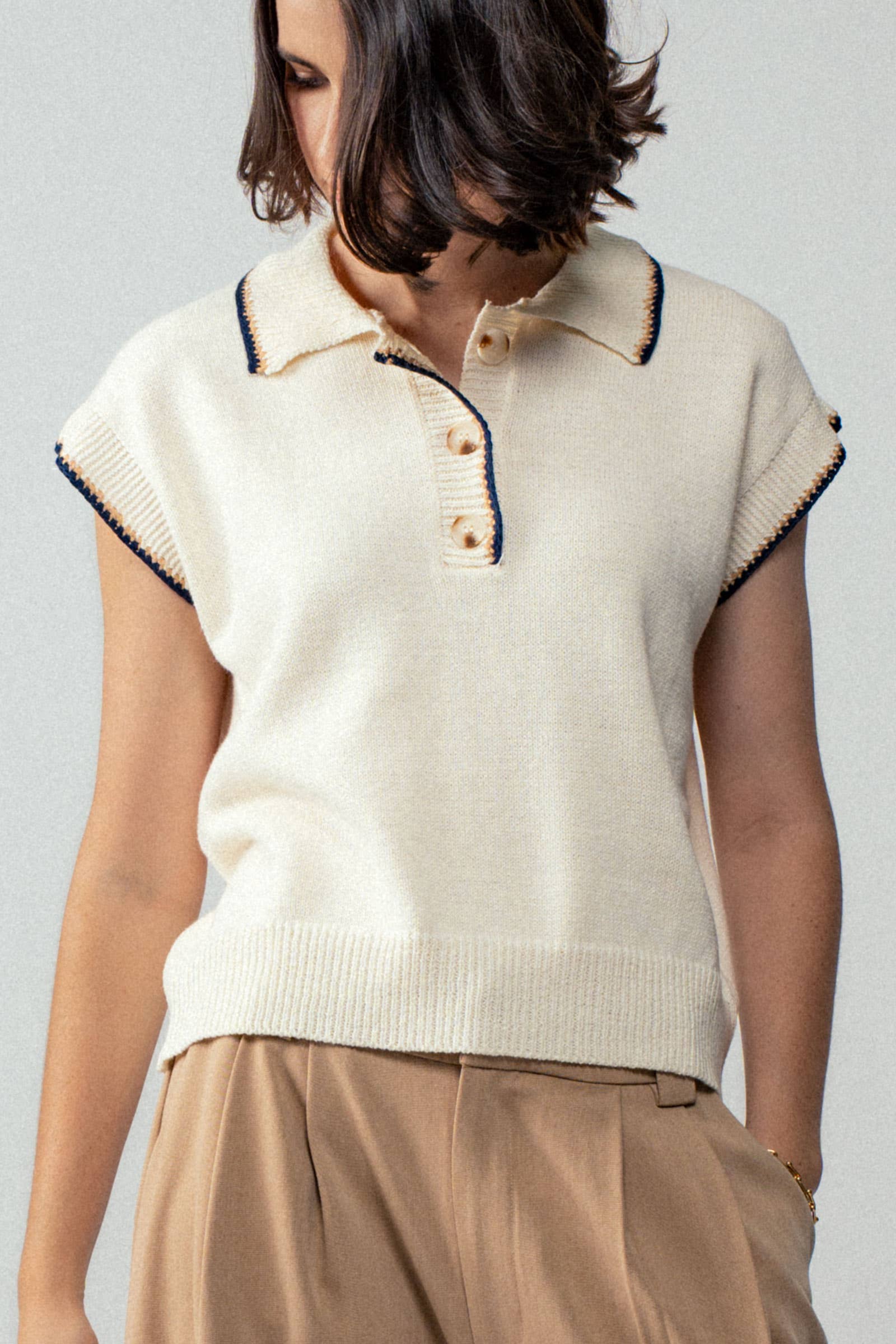 Urban Daizy Contrast Stitch Cropped Polo Knit Top Ivory Polo - Women's (TNTP3807-Ivory) – alternate view 3