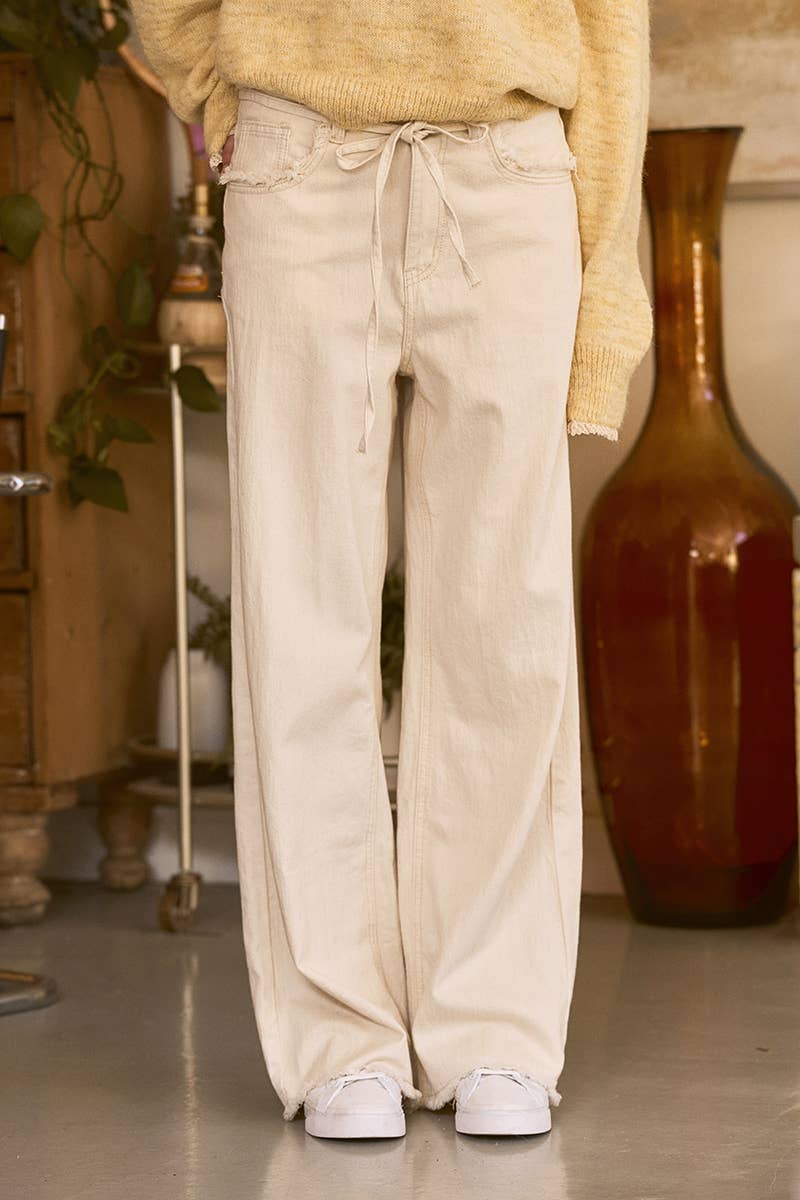 Urban Daizy Distressed Drawstring Wide Leg Jeans Cream Jeans - Women's (UDZ-DR-00392)