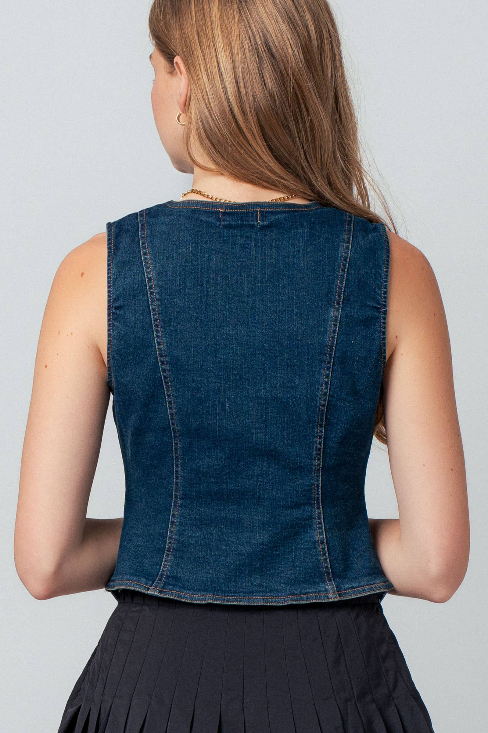 Fitted V-Neck Button-Front Denim Vest