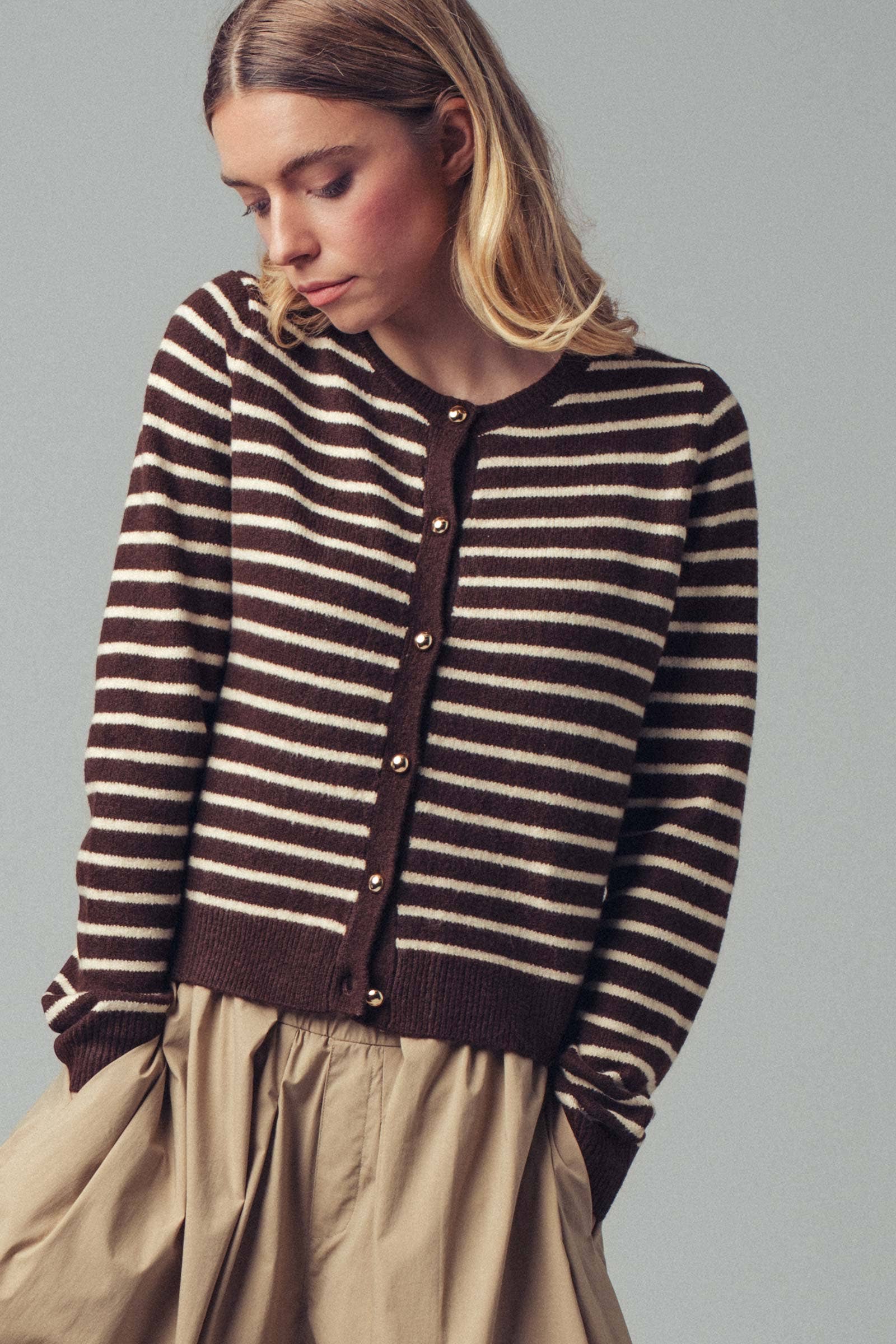 Urban Daizy Parisian Striped Gold Button Cardigan Khaki Cardigan - Women's (UDZ-KN-00656) – alternate view 2