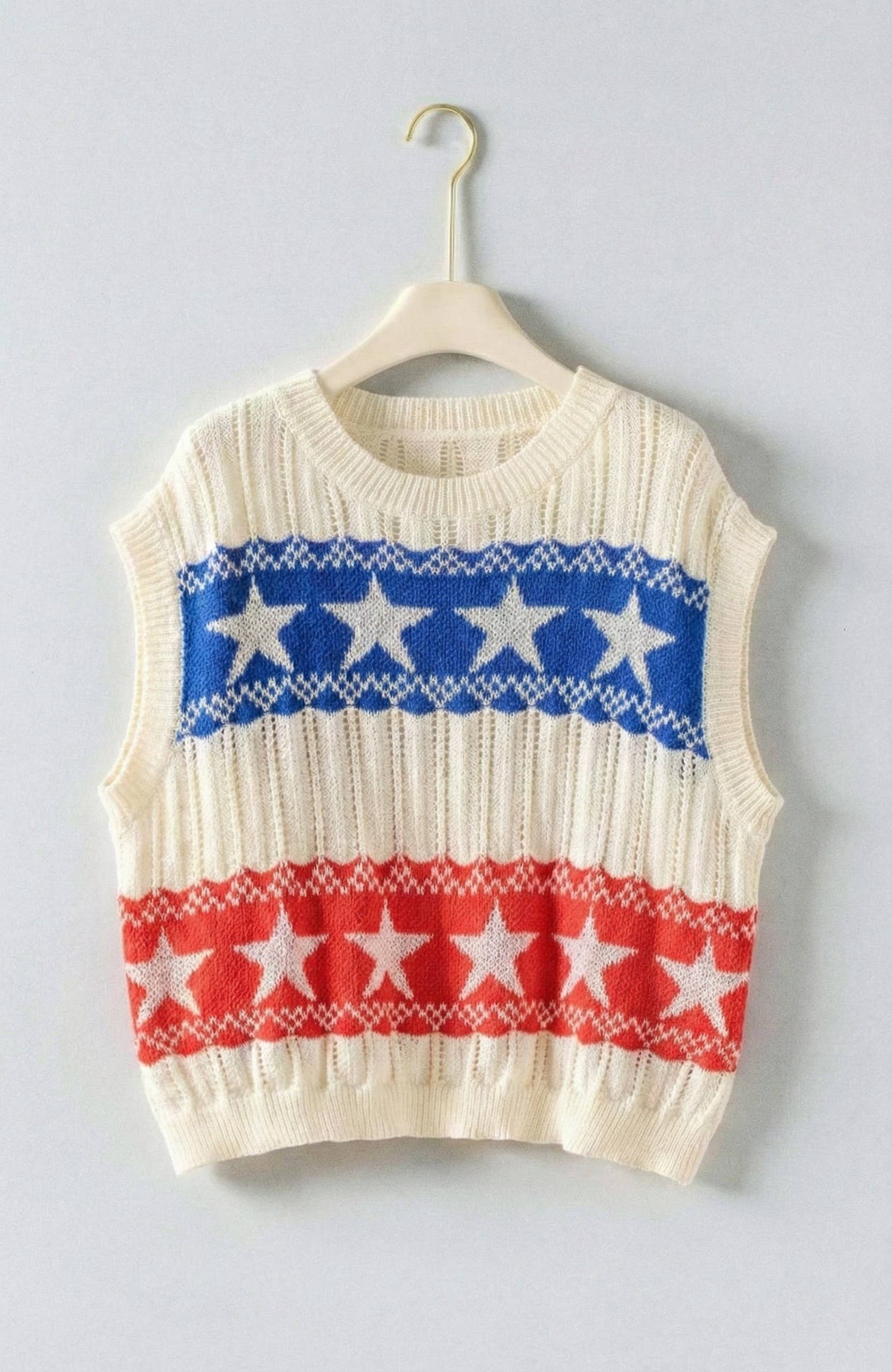 Urban Daizy Patriotic Star Pattern Open Knit Sweater Vest Ivory Sweater Vest - Women's (UDSW0343-Ivory)