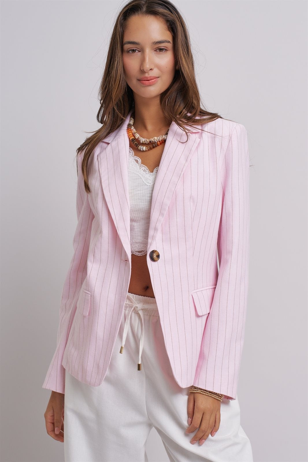 Pinstripe Single-Button Notch Lapel Blazer in LT PINK - Women's Fashion | Urban Daizy