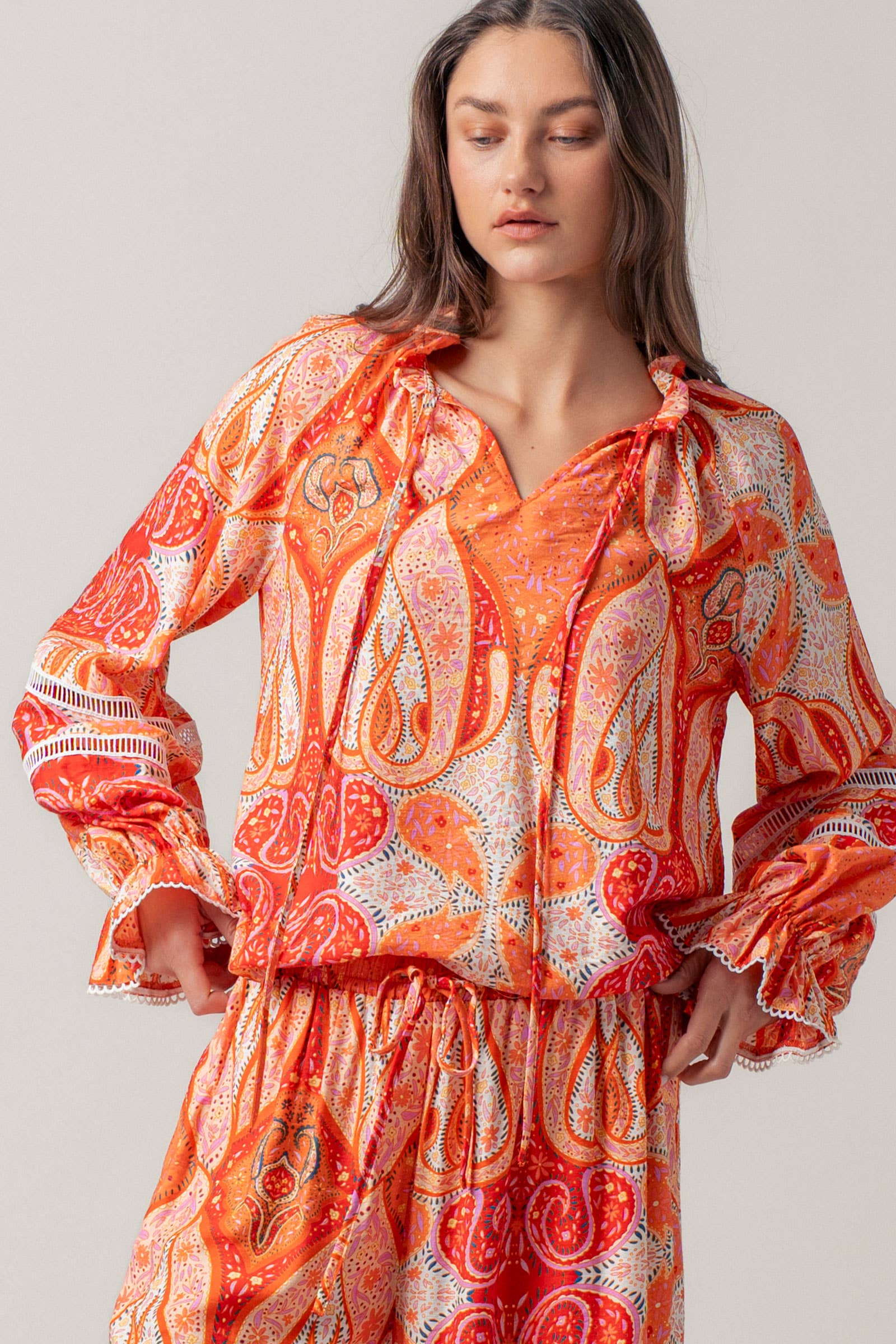 Paisley Print Tie-Neck Blouse with Bell Sleeves
