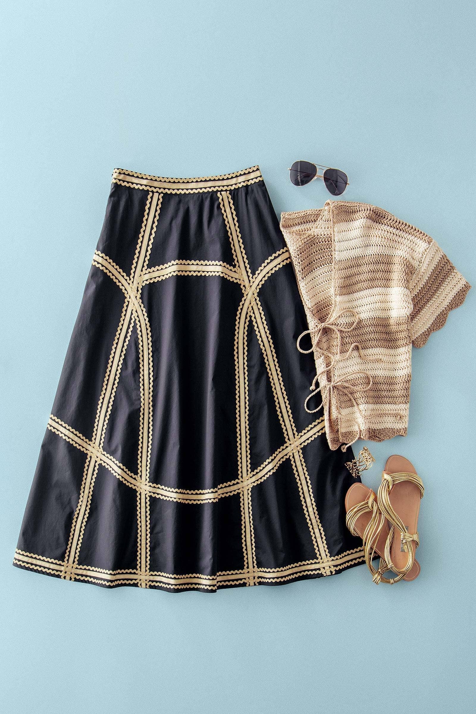 Urban Daizy Contrast Rickrack Trim Cotton A-Line Midi Skirt Black Skirt - Women's (UDZ-SK-00181) – alternate view 2