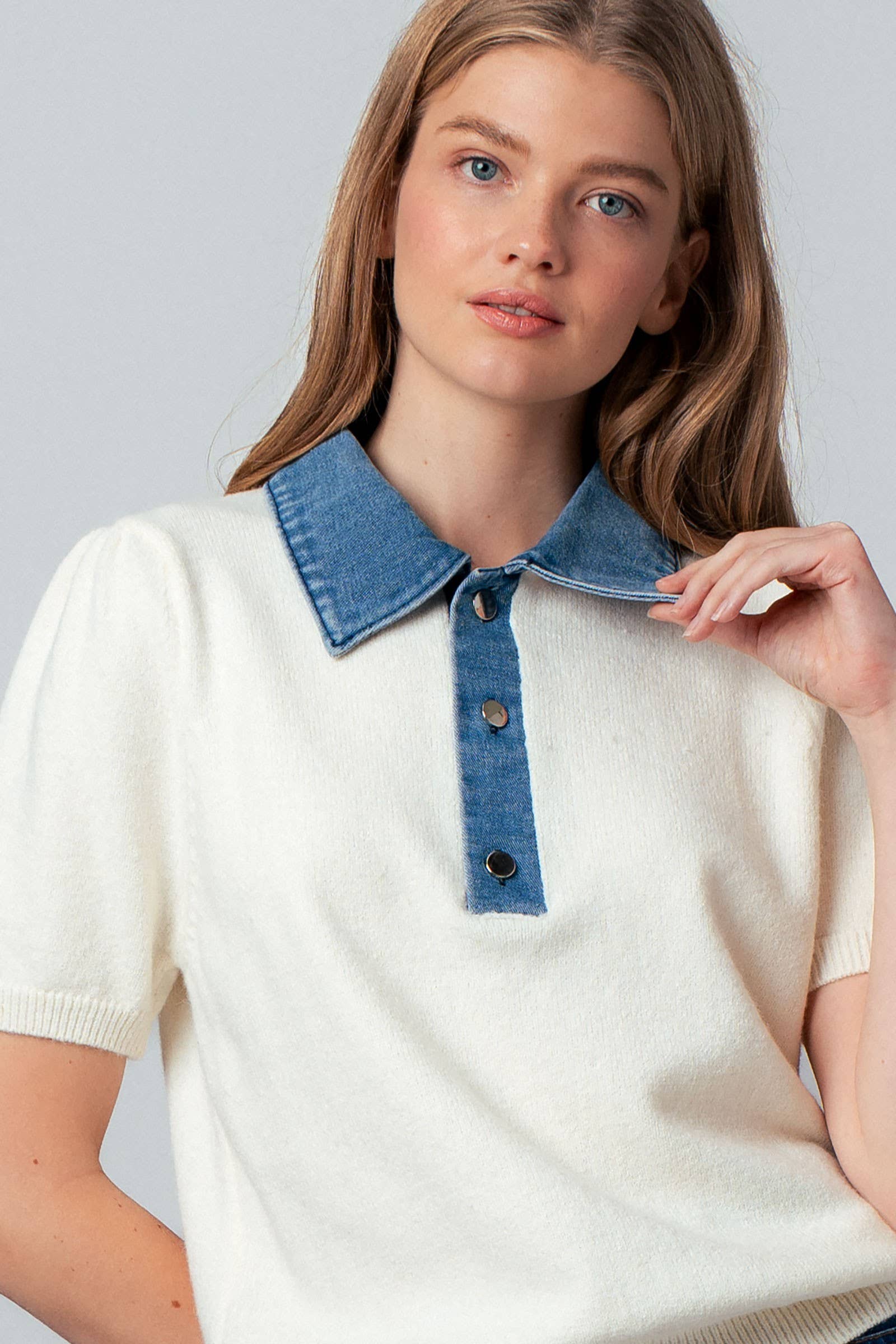Contrast Denim Collar Knit Sweater Top