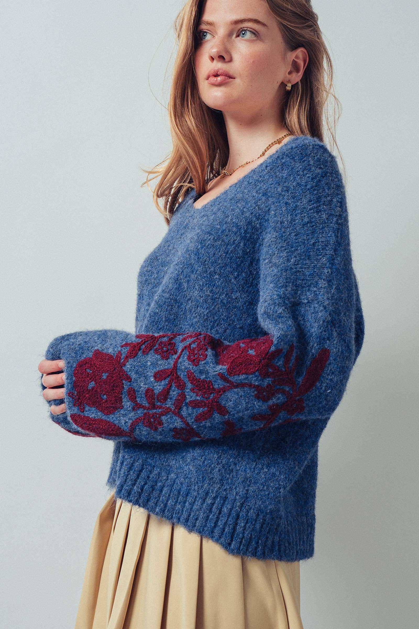 Romantic Floral Embroidered V-Neck Sweater