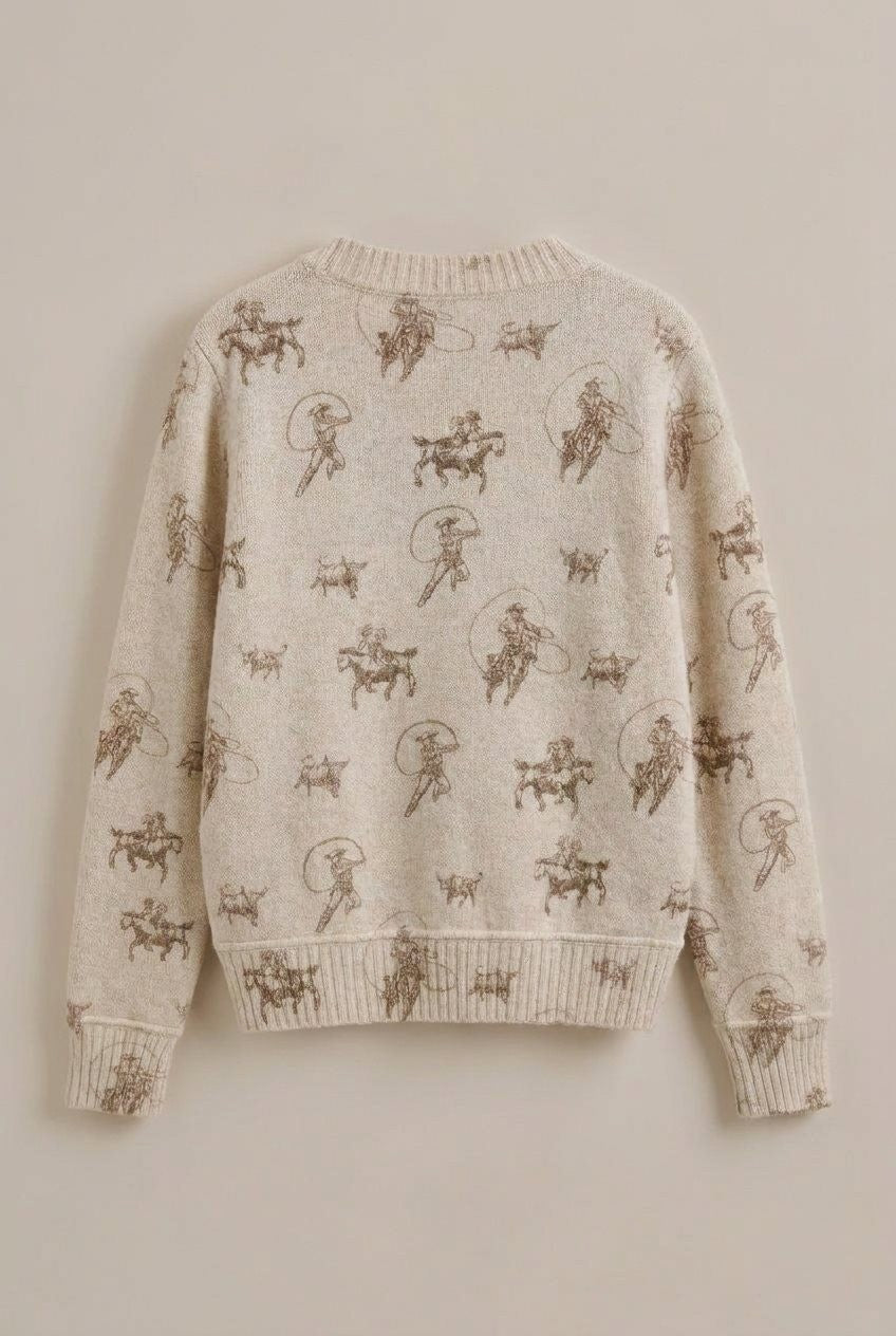 Western Cowboy Print Button Front Cardigan Sweater in KHAKI - Women's Cardigans & Shrugs | Urban Daizy