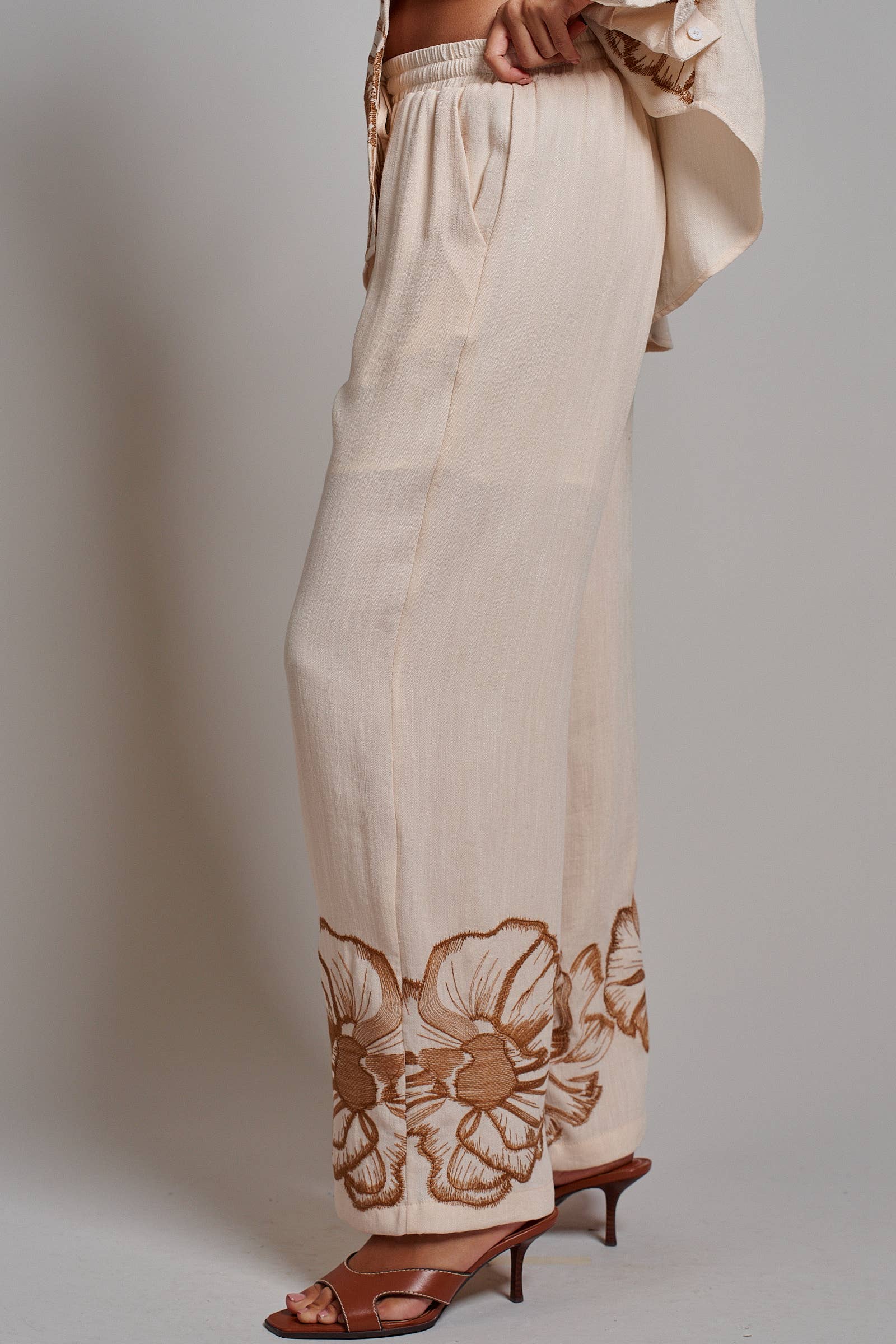 Floral Embroidered Wide Leg Drawstring Pants