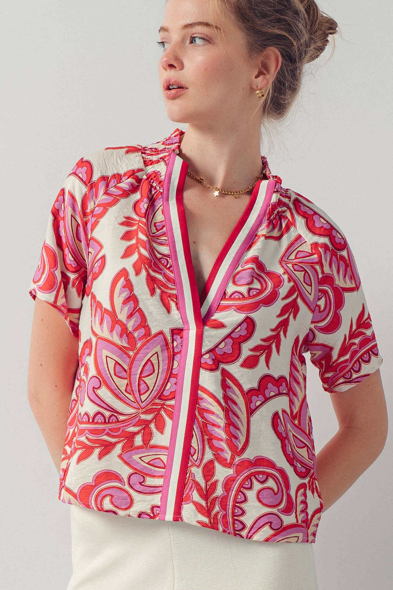 Paisley Smocked High-Neck V-Neck Blouse